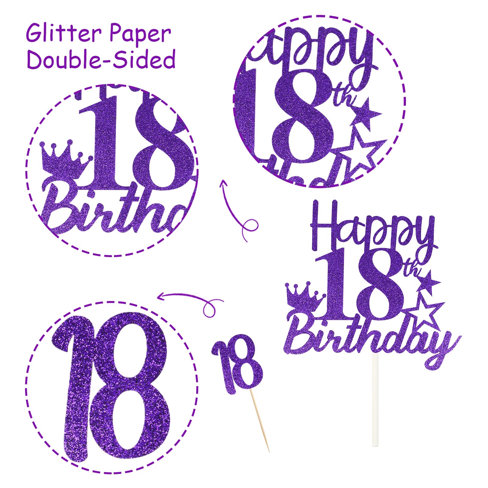 Happy 18th Birthday Cake Toppers - 25 Pack Purple Cake Picks & Cupcake Decorations for Girls | Eighteen Years Old Party Supplies for Birthday Celebrations, Sweet 16 Parties & Milestone Events