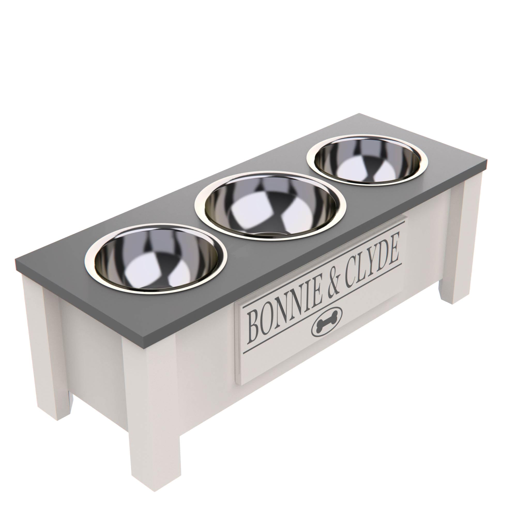 **Elevated Triple Dog Bowl Stand with Storage - Adjustable Height for Large, Medium, Small & X-Small Dogs - 3 Stainless Steel Bowls for Food & Water - Perfect for Feeding & Organizing Pet Supplies (Medium, Grey)**