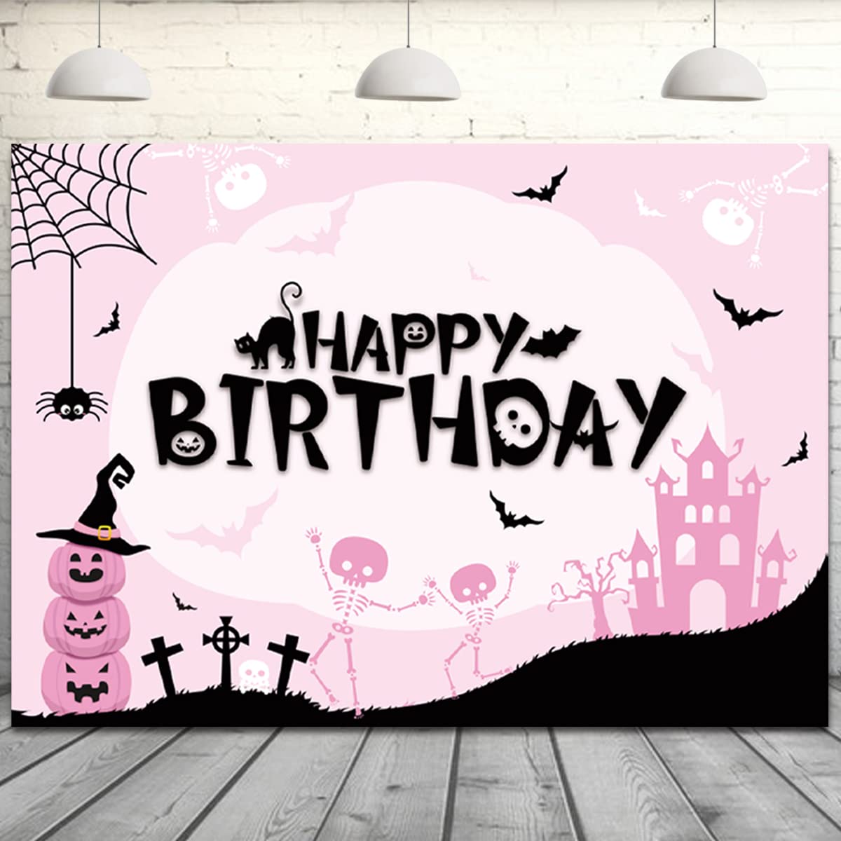 Halloween Birthday Backdrop Pink 6.8x4.3ft - Gothic Castle Pumpkin Photography Background with Bats, Spiders & Black Cat - Perfect for Halloween Photo Booth, Birthday Party Decorations & Spooky Themed Events