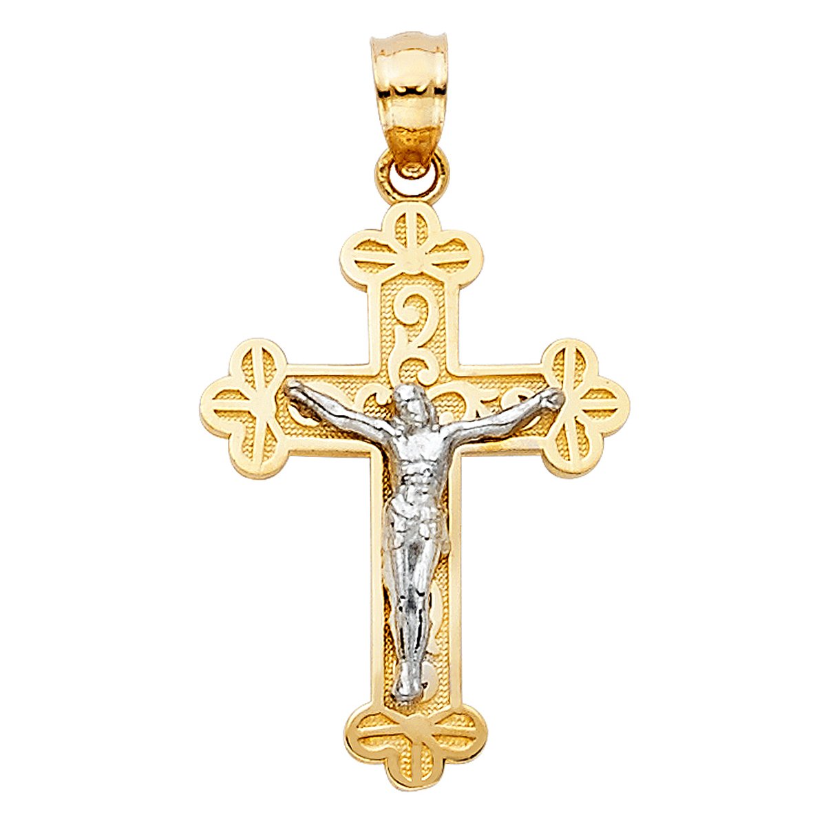14K Two-Tone Gold Jesus Crucifix Cross Pendant Necklace for Men & Women - 24x16mm Religious Christian Jewelry with 1.3g Weight - Perfect for Baptism, First Communion, Confirmation & Daily Faith Wear
