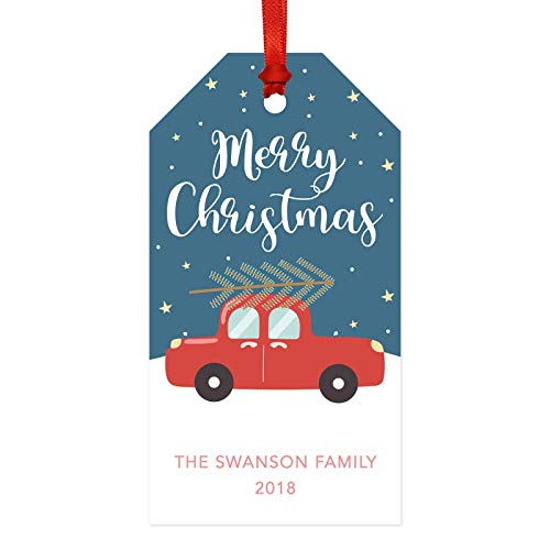 Red Family Car Carrying Christmas Tree in Snow Tags Custom