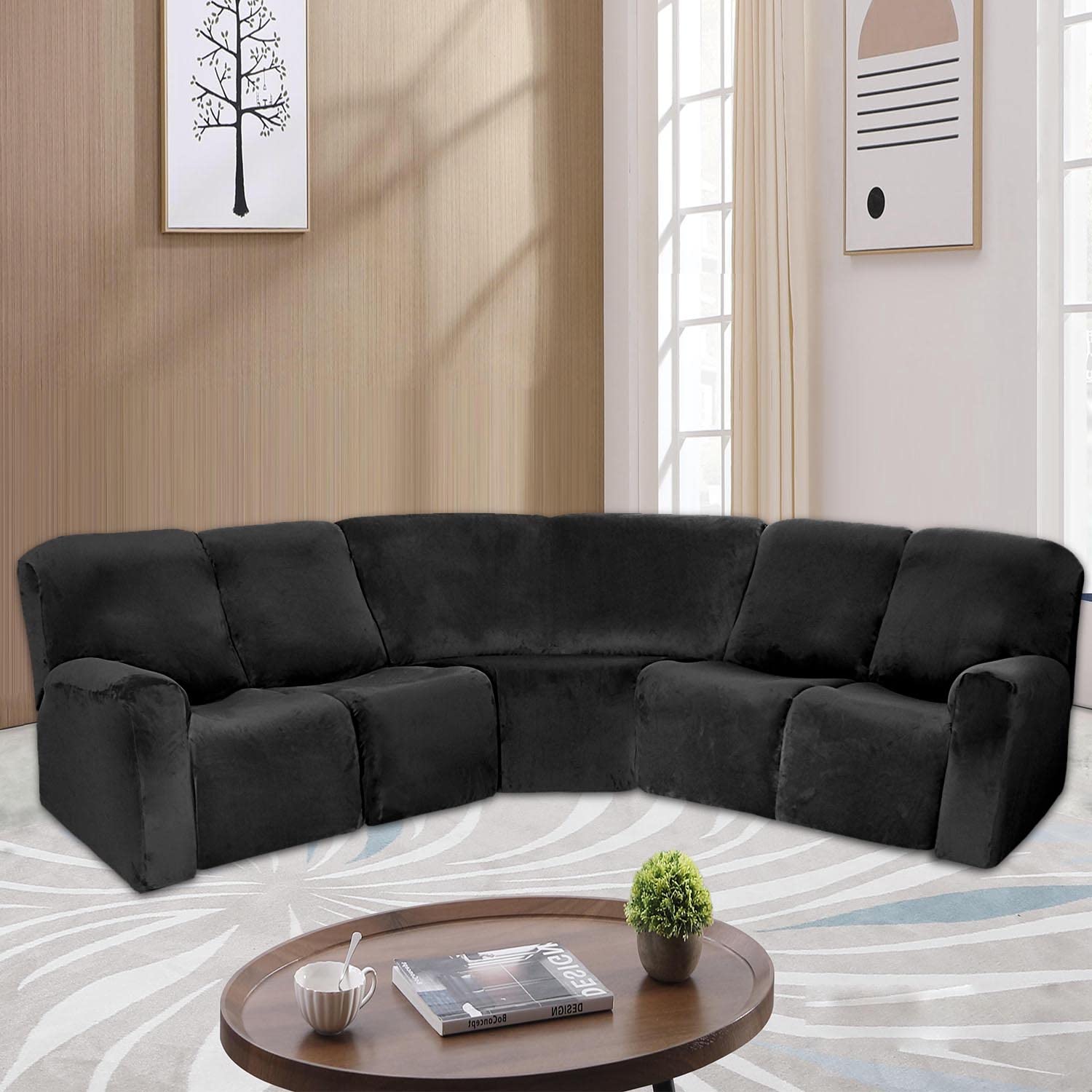 ELEOPTION 5-Seat L-Shaped Recliner Sofa Cover - Velvet Stretch Slipcover for Sectional Couches, 7-Piece Corner Reclining Furniture Protector, Soft Washable Black - Perfect for Living Room, Family Room & Home Theater Seating Protection
