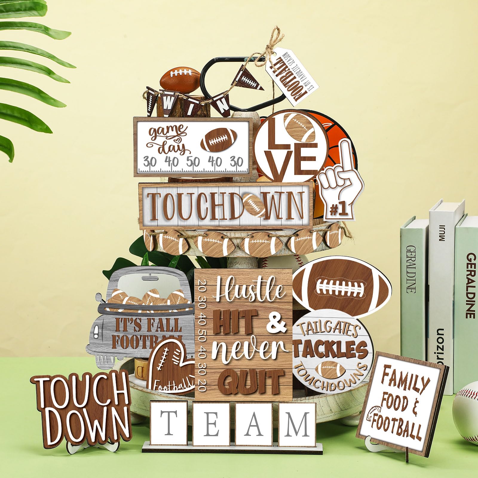 FairySandy 27-Piece Football Themed Tiered Tray Decor Set - Rustic Wooden Football Ornaments for Farmhouse Home Decor, Table Centerpieces - Perfect for Football Fans, Game Day Parties & Sports Club Decorations