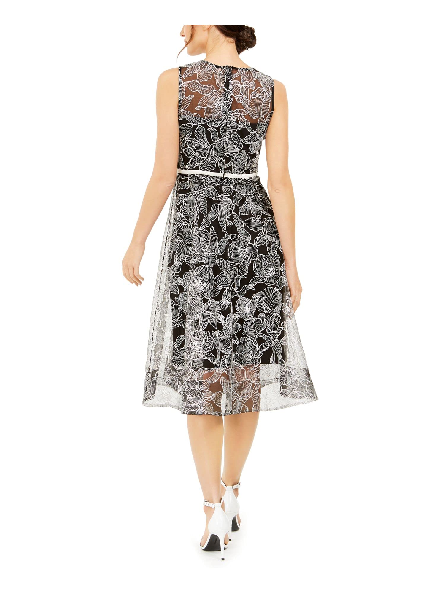 Calvin Klein Women's Black Embroidered Floral Midi Dress with Zipper & Crinoline Hem - Sleeveless Crew Neck Fit & Flare Evening Gown Size 14 | Perfect for Cocktail Parties, Weddings & Formal Events