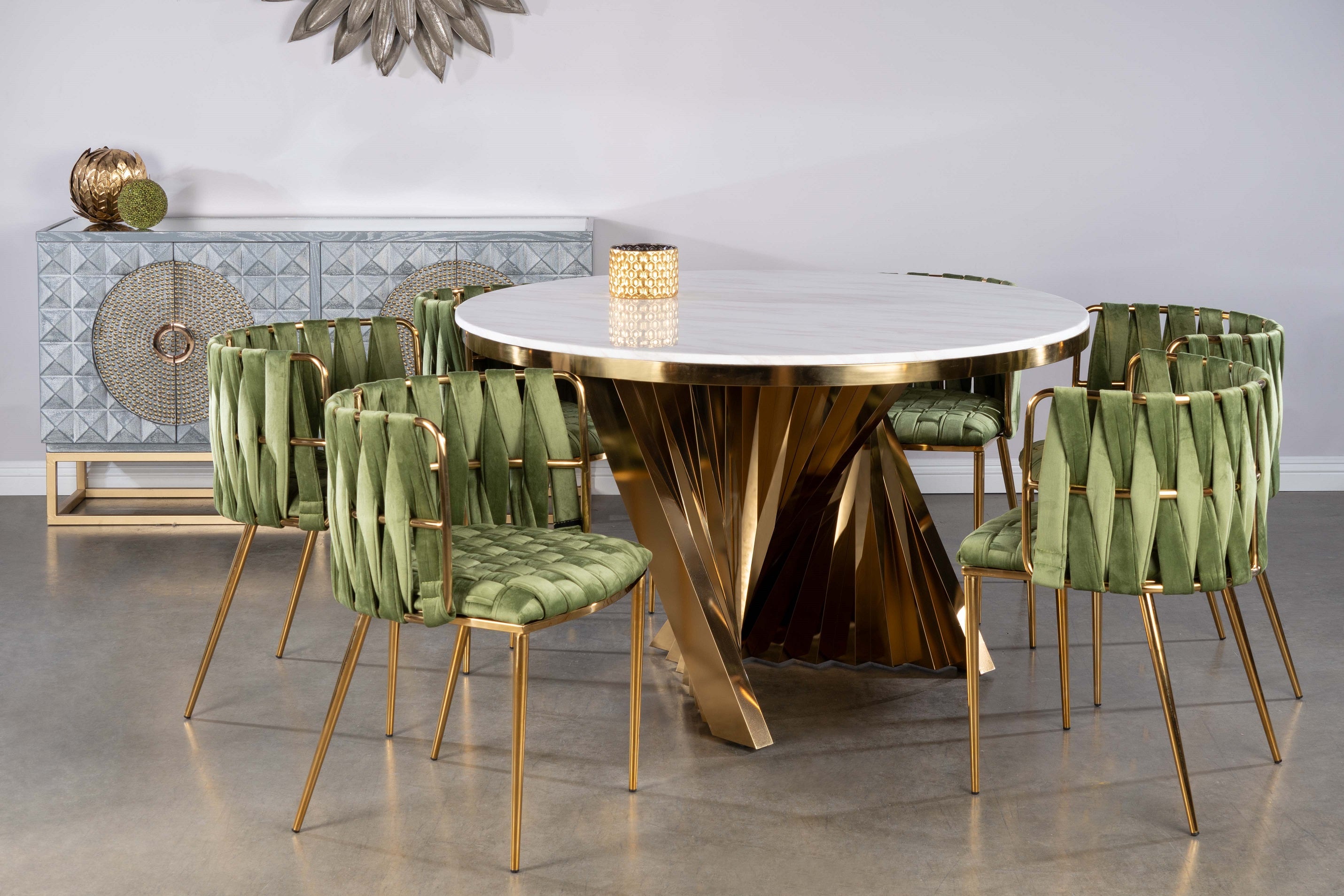 Green Round Waterfall Dining Set for 6 - Outdoor Patio Furniture for Garden, Backyard & Poolside Dining