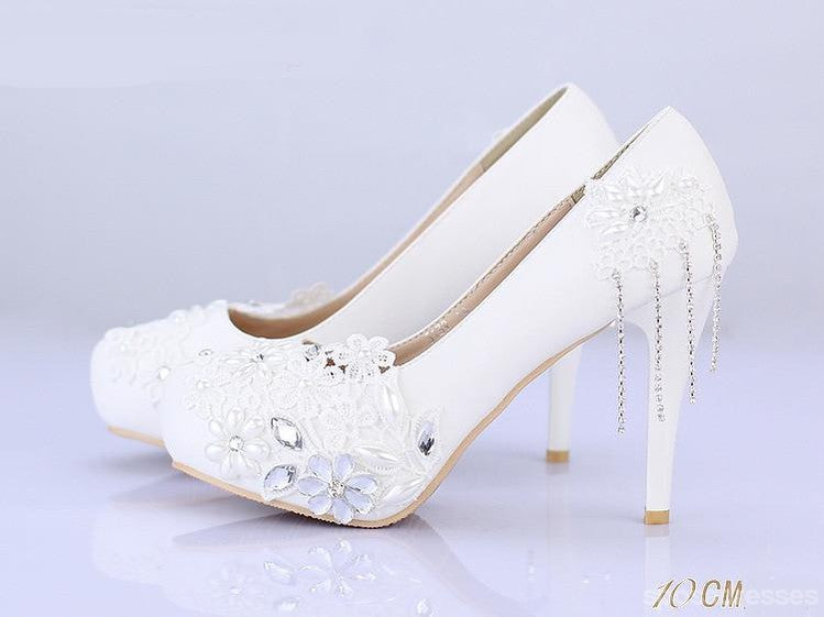 Elegant Lace Pearl Embellished Women's Wedding Bridal Shoes - Pointed Toe Heels for Brides, Prom, Evening Party & Special Occasions | Style S019
