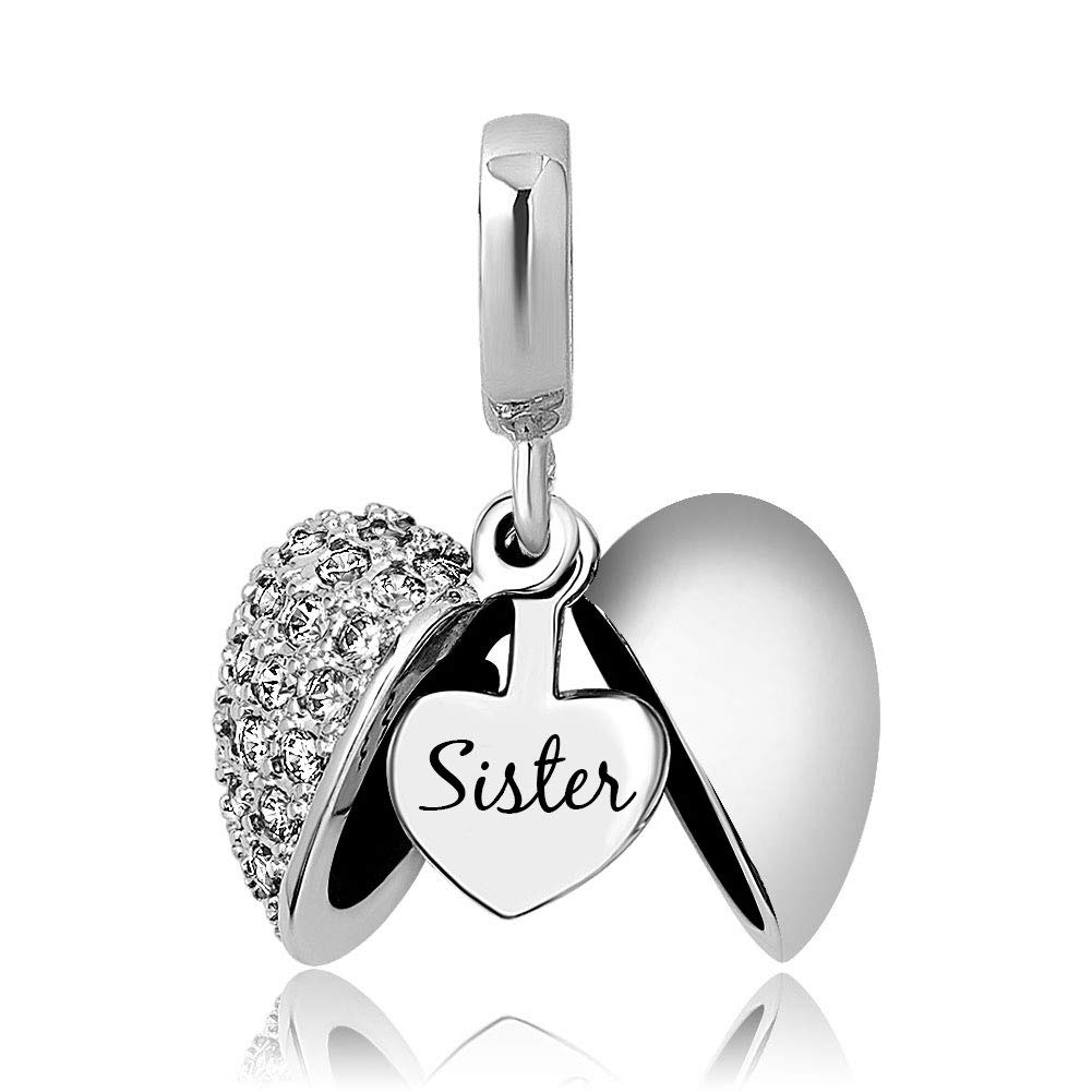 KunBead Sister I Love You Heart Birthstone Dangle Charms for Bracelets & Necklaces - Perfect Birthday Gift for Women, Mom, Daughter - Jewelry for Valentine's Day, Anniversary & Special Occasions