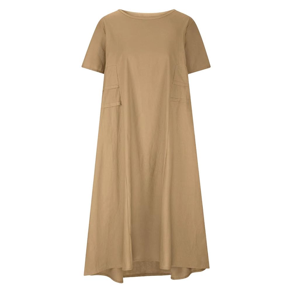 Women's Cotton Linen Midi Dress - Short Sleeve Casual Summer Dress with Pockets | Flowy Loose Fit for Beach, Vacation & Everyday Wear