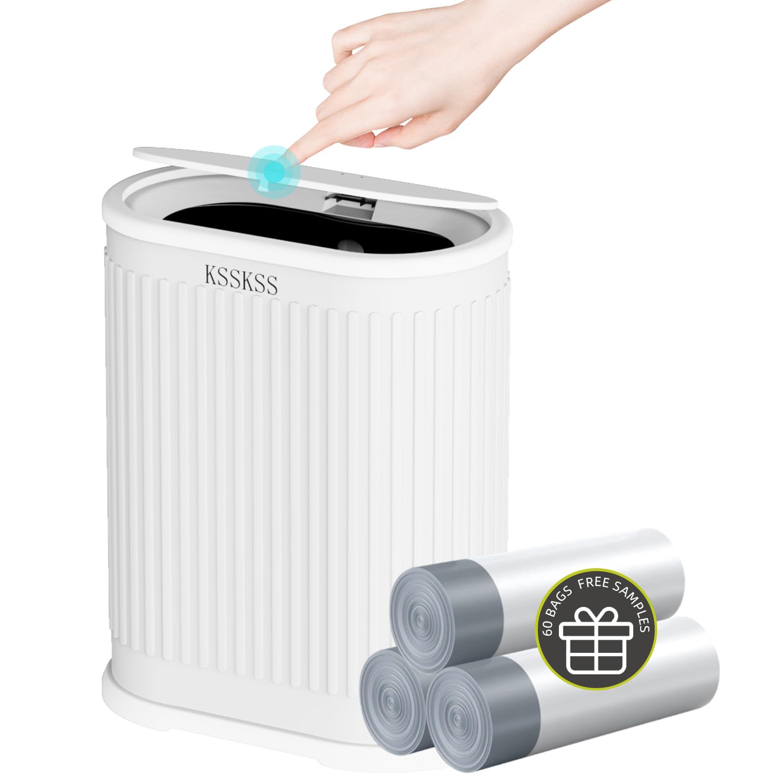 1.8 Gallon Small White Bathroom Trash Can with Lid - Slim Space-Saving Garbage Bin with Removable Liner & Dog-Proof Pop-Up Lid - Perfect for Bathroom, Bedroom, Toilet & Pet-Friendly Homes