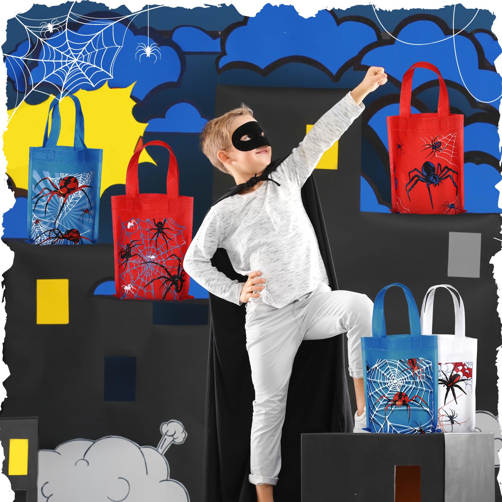 24 Pack Spider Web Themed Party Favor Bags - Reusable Non-Woven Halloween Treat Bags with Handles - 6 Styles for Birthday, Halloween & Themed Parties - Perfect for Kids' Party Favors, Trick or Treat & Spooky Decorations