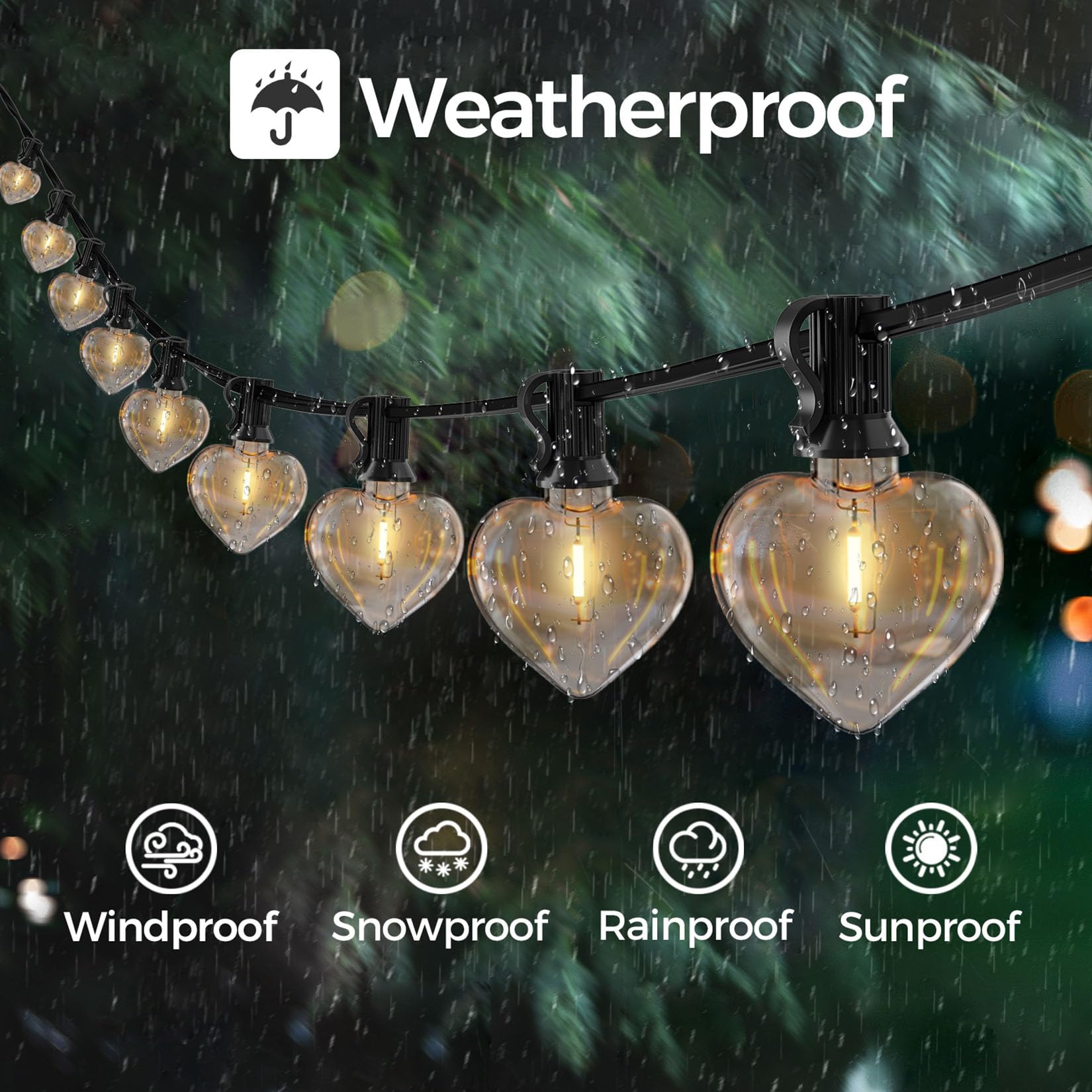 50FT LED String Lights with 25+1 Heart Shaped Bulbs - 2700K Warm White Outdoor Bistro Lights for Patio, Backyard, Gazebo, Pergola, Balcony & Wedding Decor | Waterproof & Durable for Parties, Markets & Romantic Ambiance