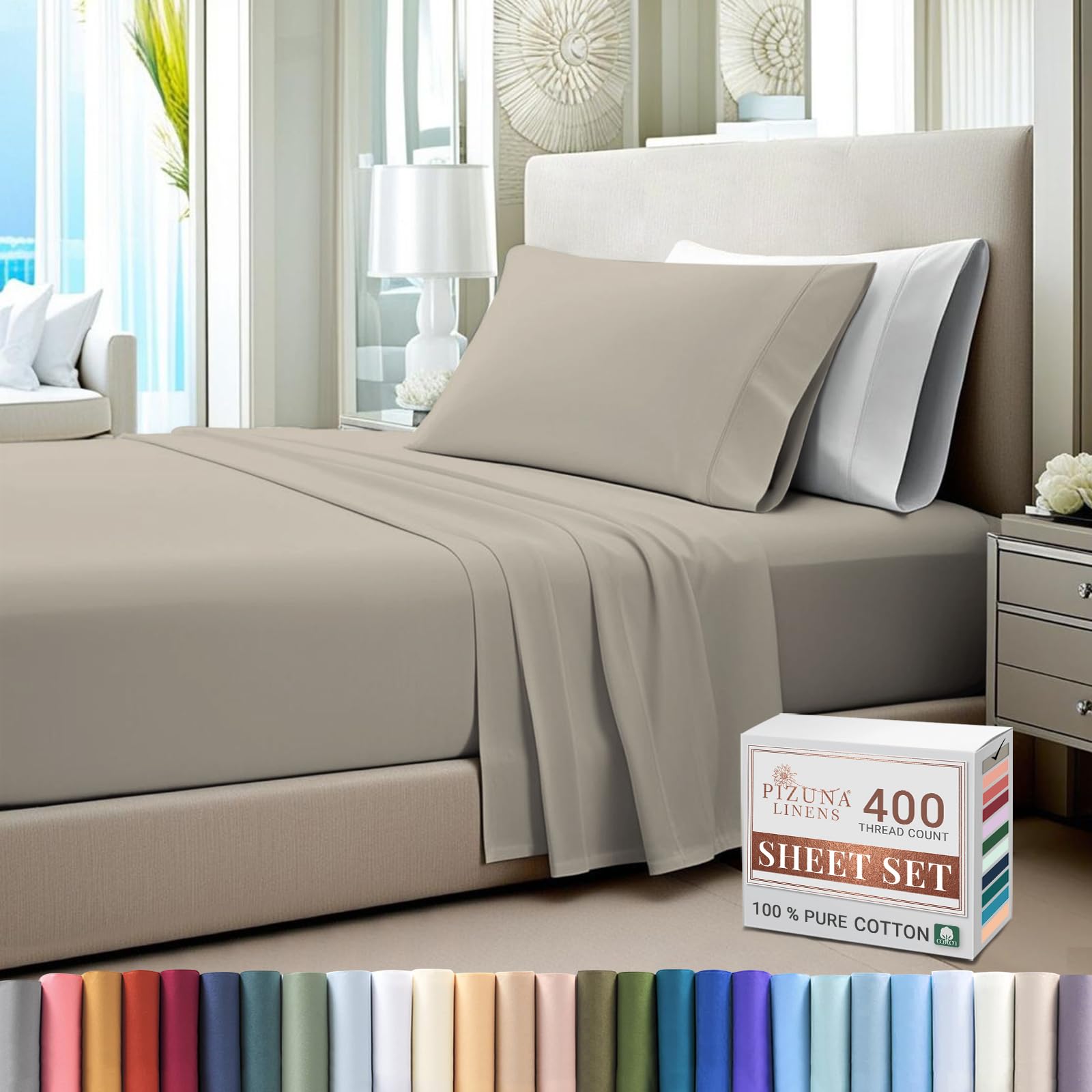 Pizuna Pure 100% Cotton Twin XL Sheets - 400 Thread Count Luxury Sateen Weave with 15