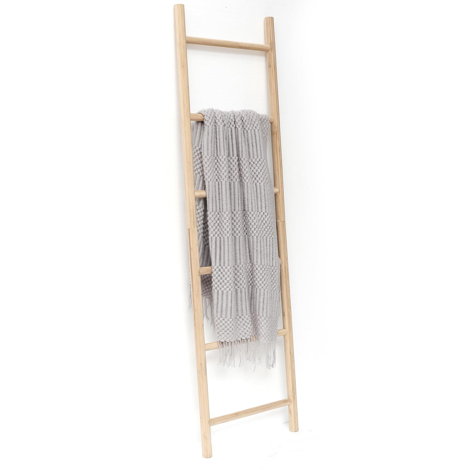 FUIN Fully Assembled 6ft Bamboo Blanket Ladder - Rustic Farmhouse Decorative Wall Leaning Ladder for Quilt Display, Towel Rack & Blanket Storage - Perfect for Living Room, Bedroom & Bathroom Organization