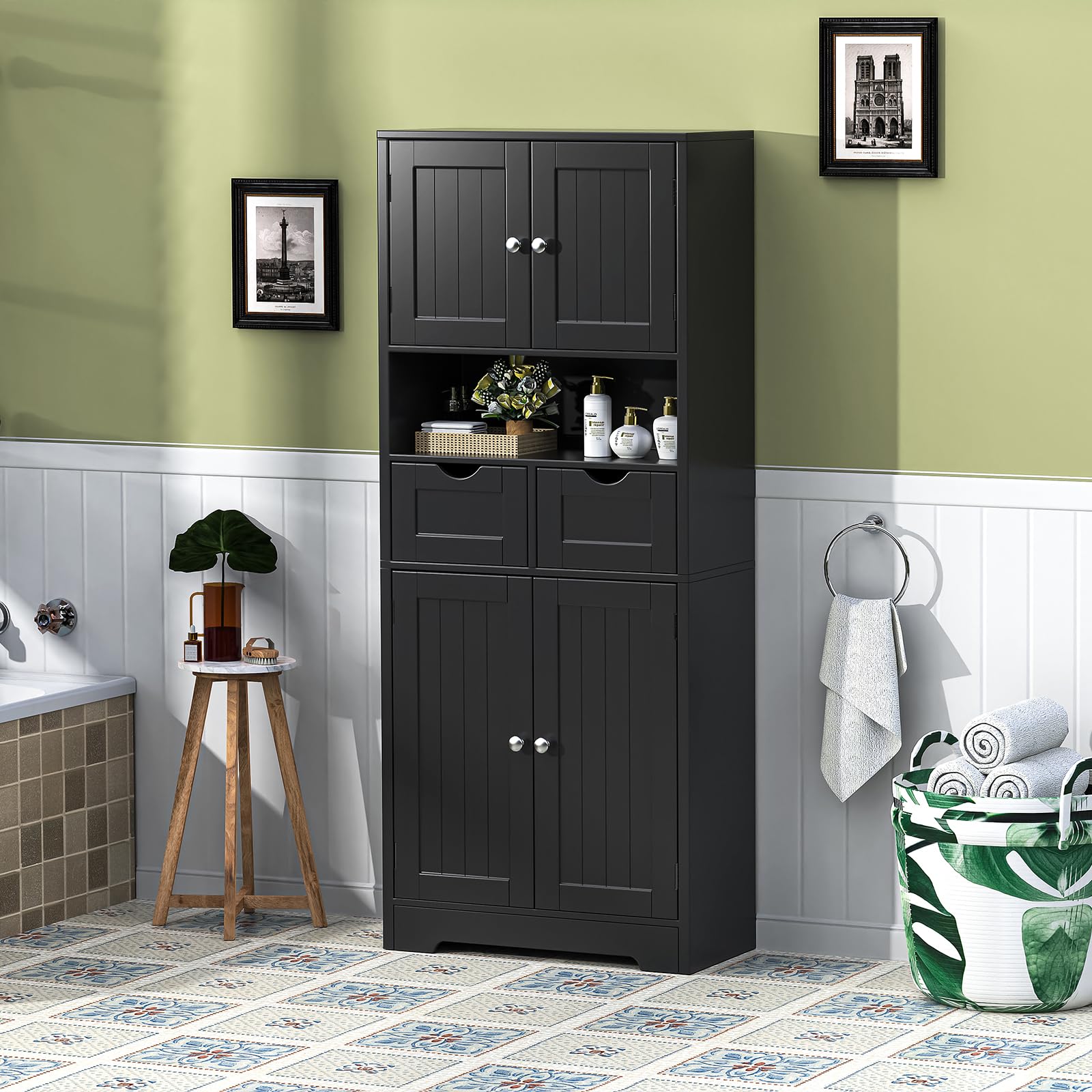 Iwell Tall Storage Cabinet with Adjustable Shelves - 2-Drawer Bathroom & Linen Organizer for Living Room, Bedroom, or Office - Black Wooden Cabinet for Towels, Blankets & Home Storage
