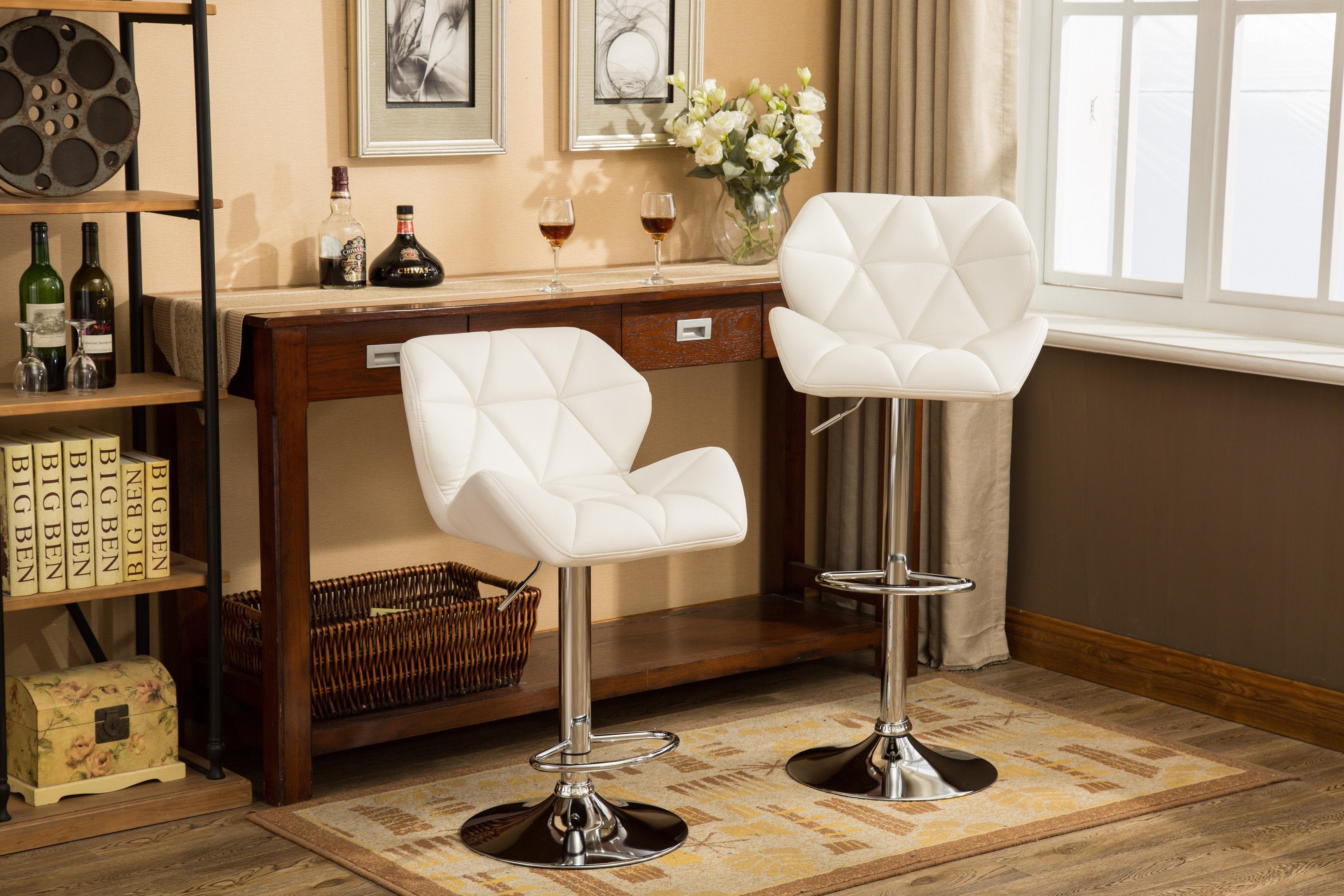 Roundhill Furniture Glasgow Contemporary Tufted Adjustable Height Hydraulic Bar Stools, White, Set of 2 - Perfect for Kitchen Island, Home Bar & Modern Dining Room Decor