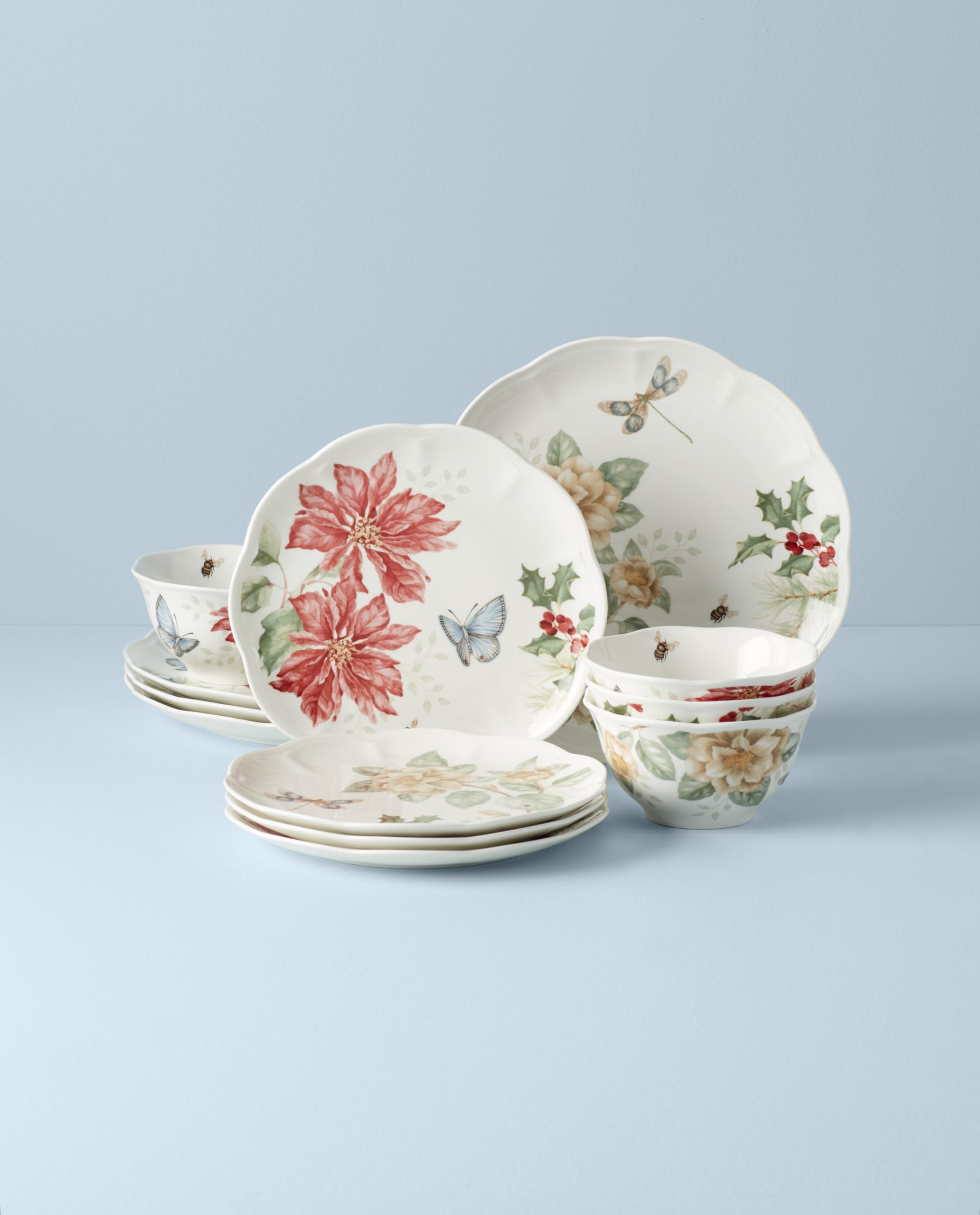 Lenox Butterfly Meadow Holiday 12-Piece Dinnerware Set - 16.6 lbs Red & Green Christmas Plates & Bowls - Elegant Table Setting for Holiday Parties & Family Dinners