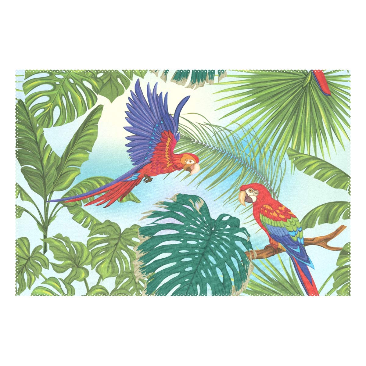 MOYYO Tropical Plants Parrot Placemats - Set of 4 Heat-Resistant Non-Slip Polyester Table Mats, Washable & Easy Clean for Kitchen Dining Decor | Perfect for Bird Lovers, Tropical Theme Parties & Everyday Meals