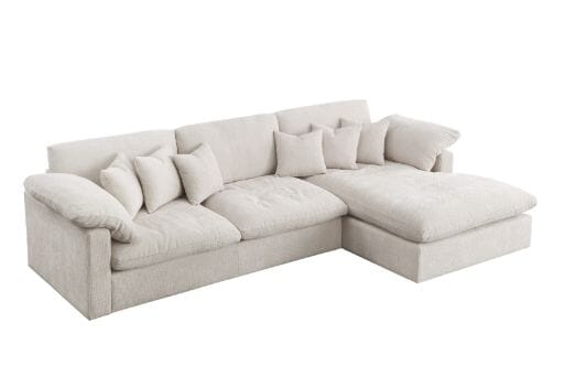Eloise 121W Beige Chenille Sectional Sofa with Right Facing Chaise & 6 Throw Pillows - Modern Living Room Furniture for Small Spaces, Apartment, Family Gatherings