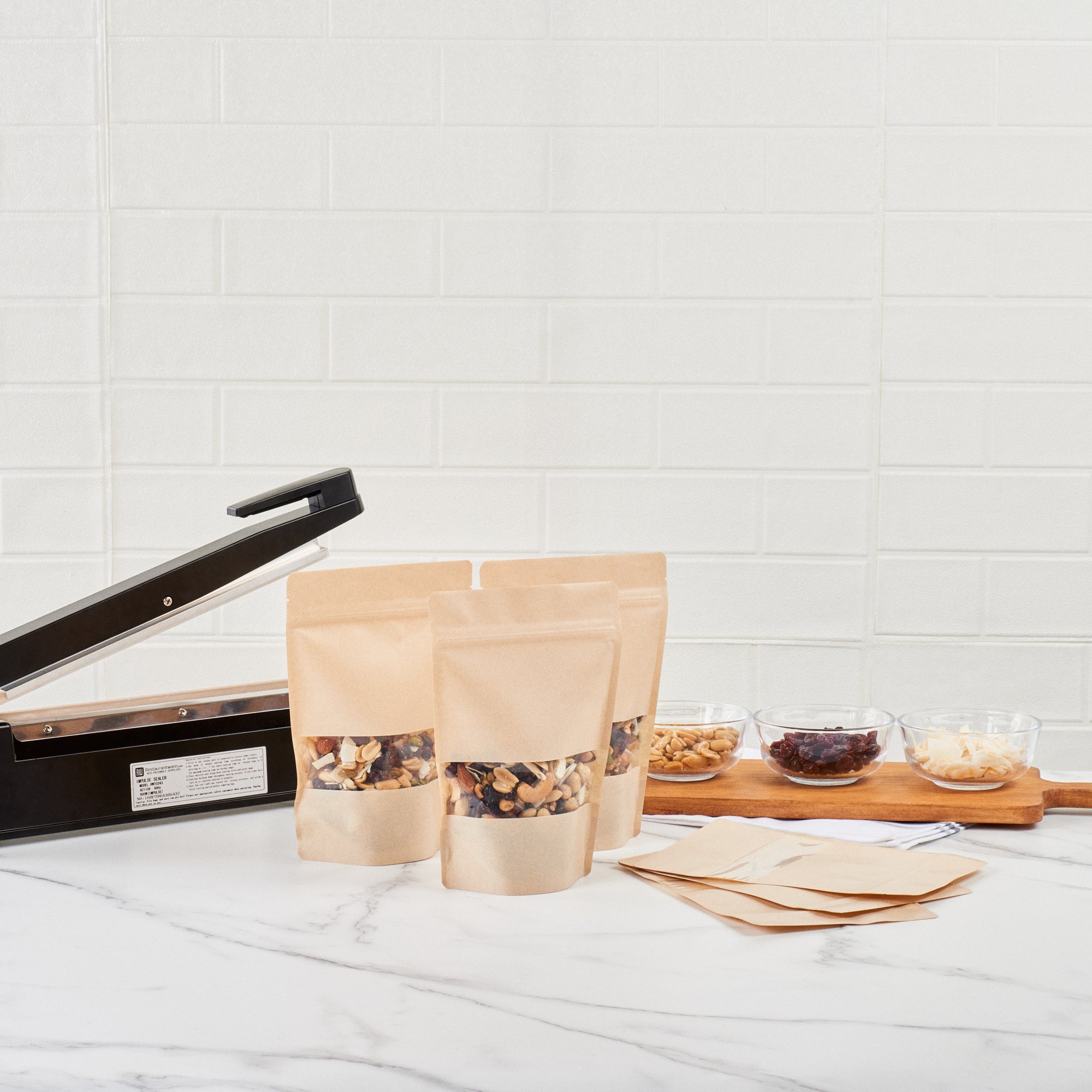 Kraft Plastic Large Window Bags with Heat Sealable Feature - 9 x 6 x 1.5 Inches - Pack of 100 - Perfect for Bakery, Coffee Beans & Retail Packaging