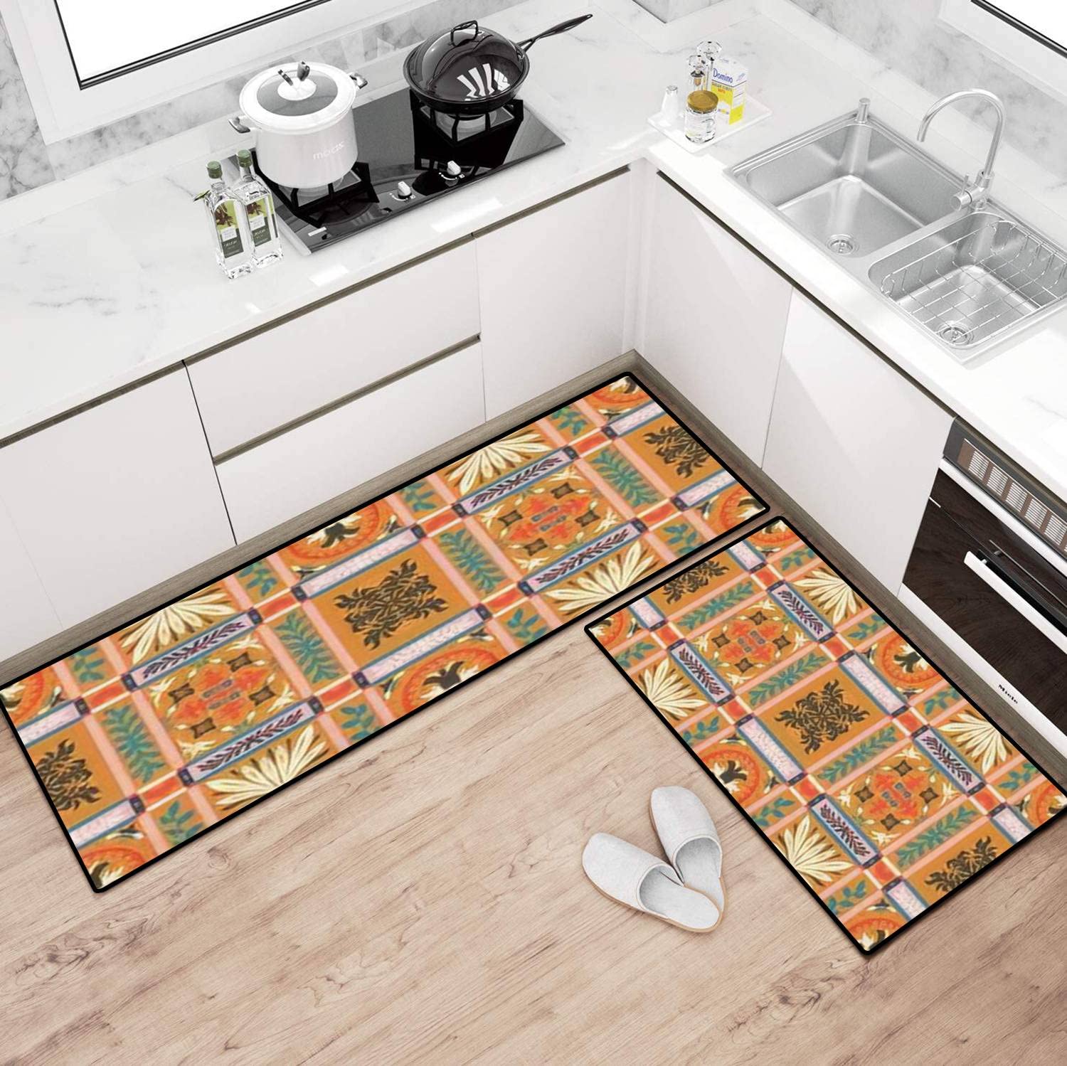 Non-Slip Washable Kitchen Rugs Set - Ikat Geometric Floor Mats for Comfort Standing & Decor