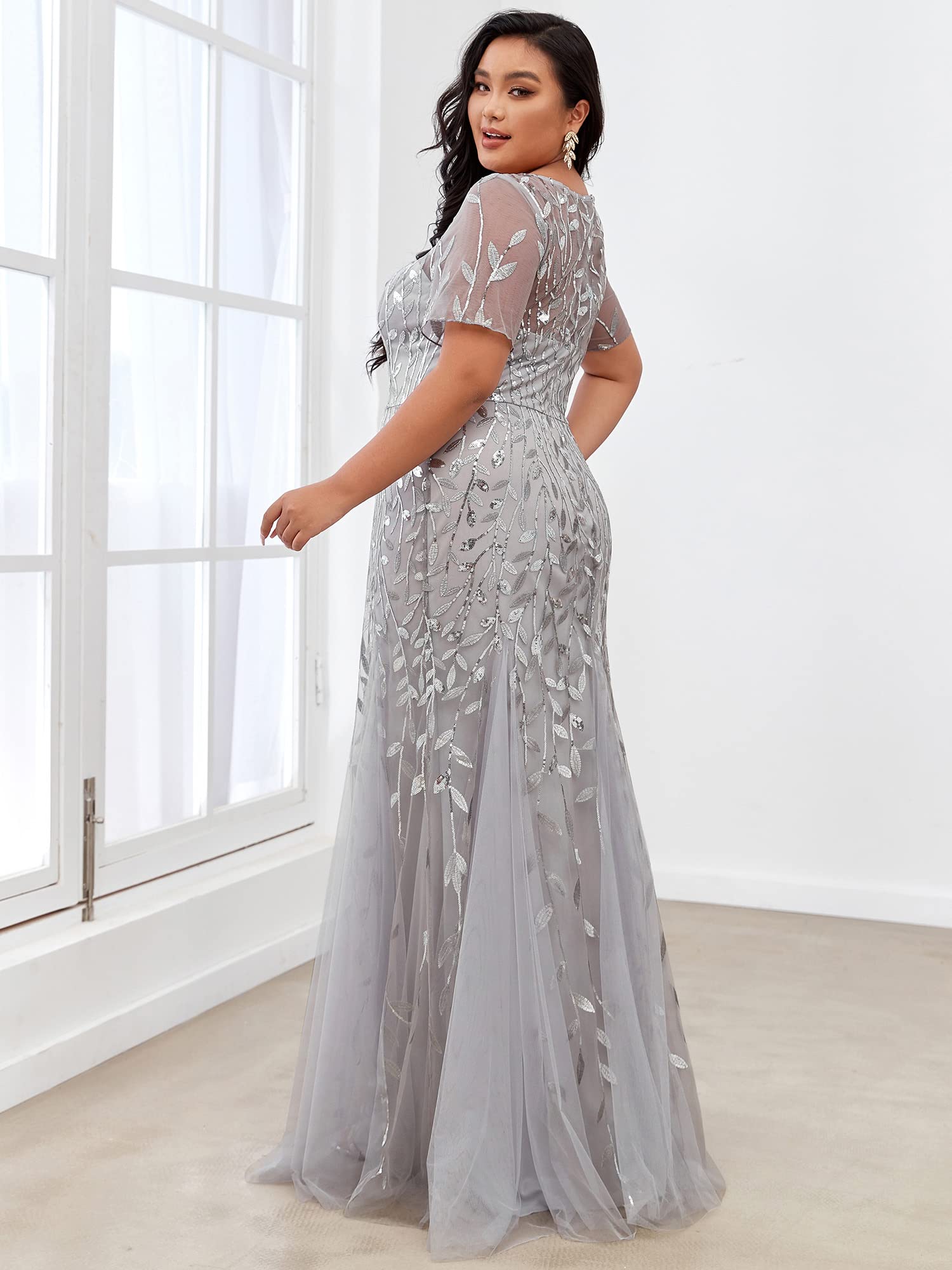 Ever-Pretty Women's Plus Size Embroidery Sequin Short Sleeve Bodycon Maxi Dress for Formal Occasions - Wedding Guest, Prom, Evening Gala & Special Events (Style 07707-PZUSA)