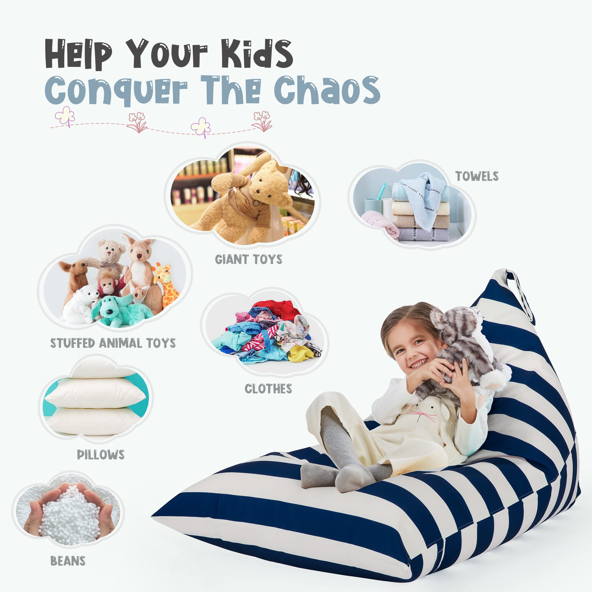 Washable Large Stuffed Animal Storage Bean Bag Chair Cover for Kids & Teens - No Filler Included (250L Capacity) | Blue & White Stripes | Perfect for Kids' Room Organization, Plush Toy Storage & Living Room Decor