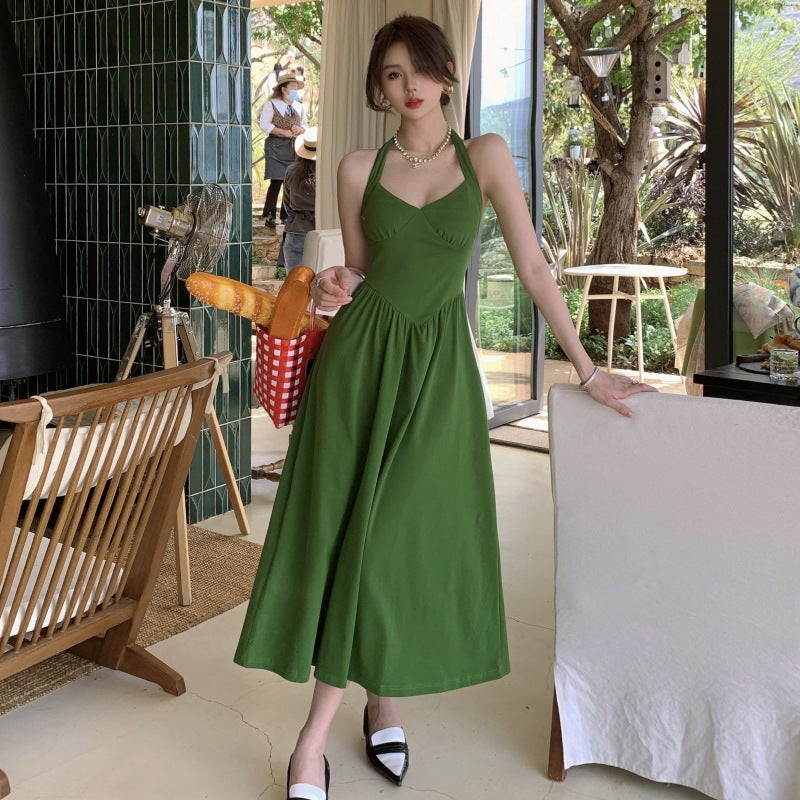 Elegant Green Hanging Neck Suspender Dress for Women - French Retro Summer Dress 2023 - Perfect for Garden Parties, Date Nights & Vacation Outfits