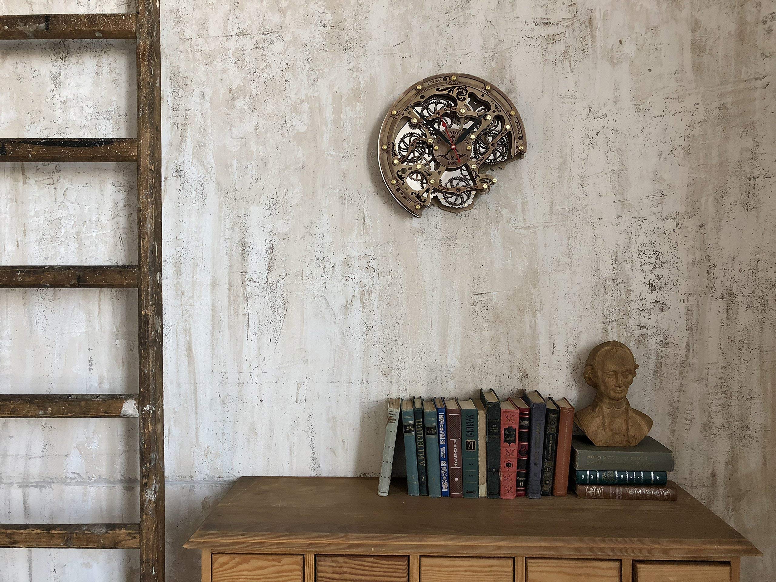 Handcrafted Steampunk Wall Clock with Moving Gears - Automaton Bite 1682 Woody by WOODANDROOT | Unique Transparent Design, Large Personalized Anniversary Gift for Home & Office Decor | Perfect for Living Room, Study or Steampunk-Themed Spaces