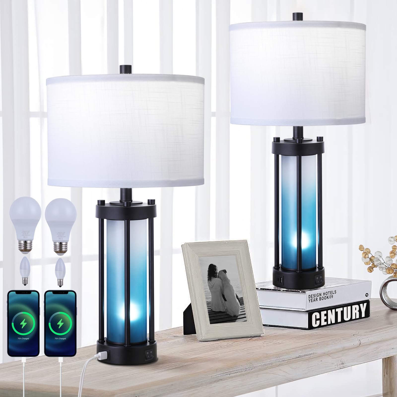 Modern Table Lamps Set of 2 - Gradient Blue Glass USB Bedside Lamps with Night Light, 3-Way Dimmable & 2 USB Ports for Bedroom, Living Room, Office - Includes 4 LED Bulbs (Warm/White/Cool Light) - Perfect for Reading, Working & Creating Ambiance