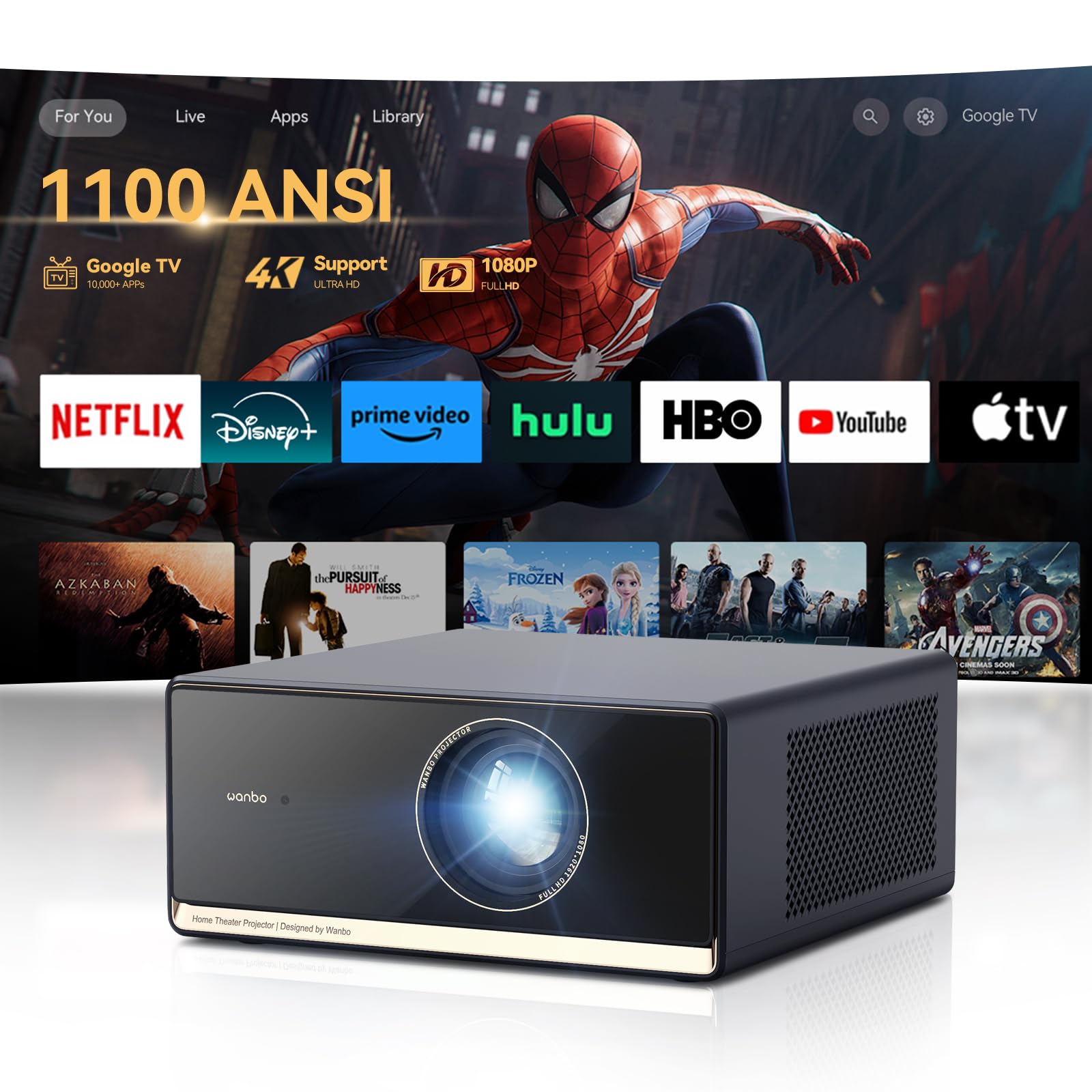 WANBO X5 Pro 4K Video Projector with 1100 ANSI Lumens - Full HD 1080P, WiFi & Bluetooth, Auto Focus & Keystone Correction - Home Theater Movie Projector for Netflix, Google TV, Gaming & Outdoor Movie Nights