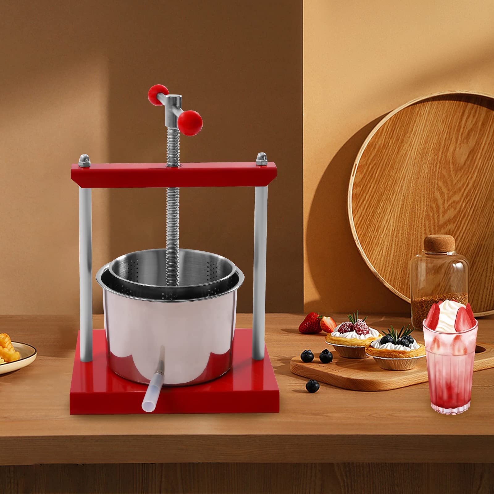 Stainless Steel Manual Fruit Wine Press - 1.6 Gallon (6L) T-Shaped Handle Juice Extractor for Apples, Grapes, Berries | Perfect for Homemade Wine, Cider, Olive Oil & Cheese Making | Kitchen, Garden & DIY Brewing Essential