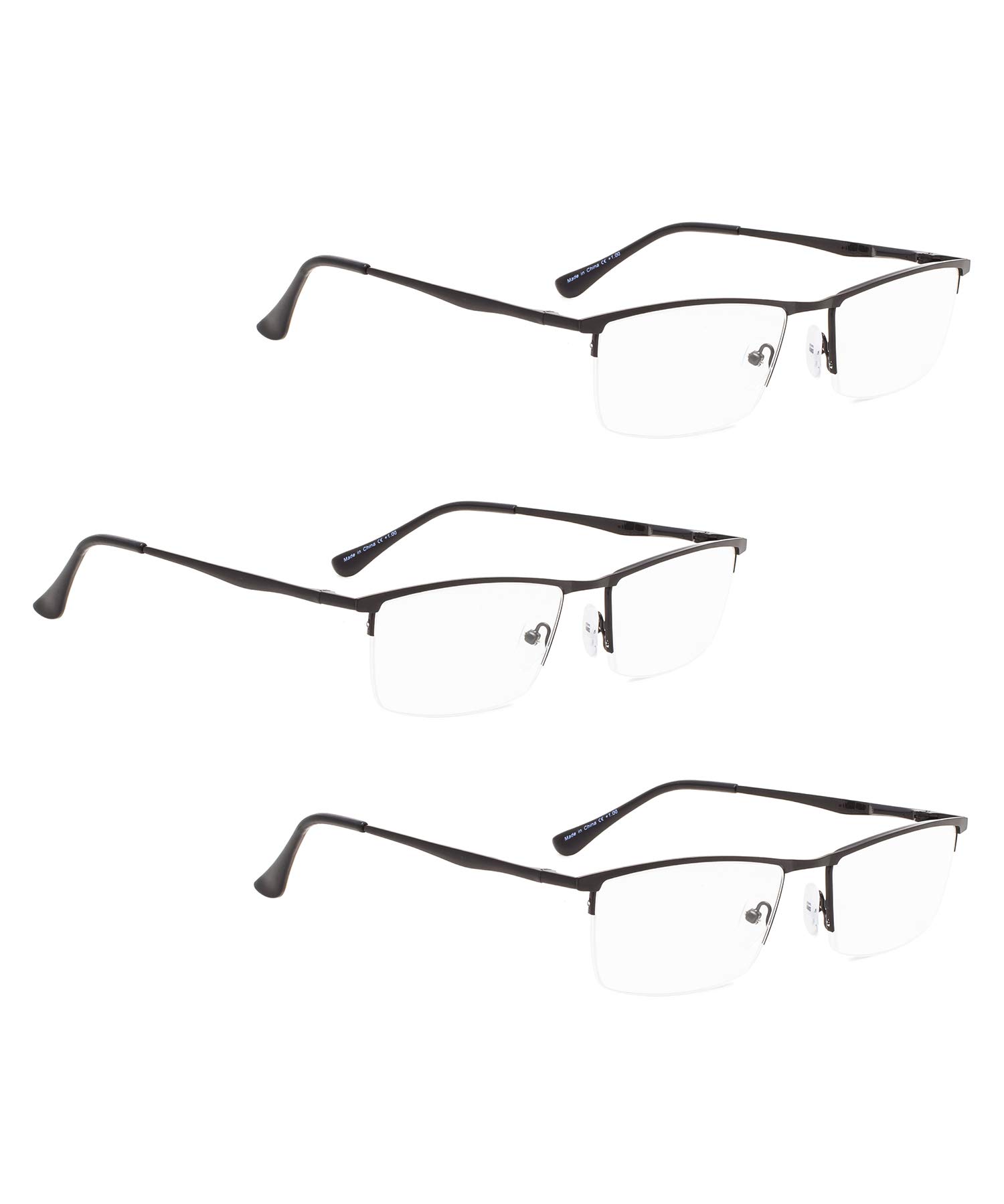 LUR Reading Glasses 3 Pack - Half-Rim Metal Readers for Women & Men (Black) - Perfect for Reading, Working, and Computer Use