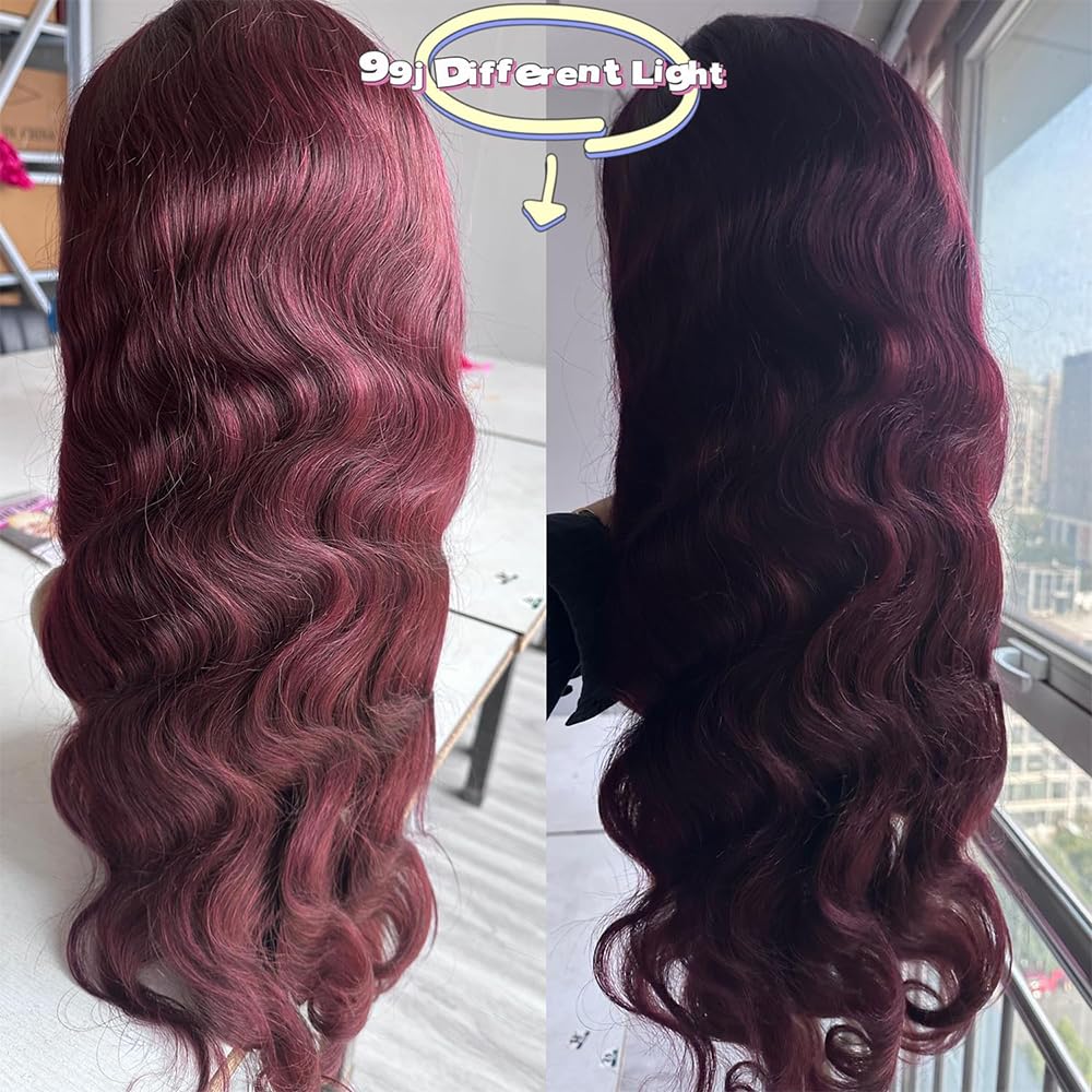 99j Burgundy 13x6 Lace Front Wig Human Hair - 20 Inch Body Wave Virgin Hair with 180% Density, Pre-Plucked, HD Lace for Women | Perfect for Parties, Weddings & Daily Wear