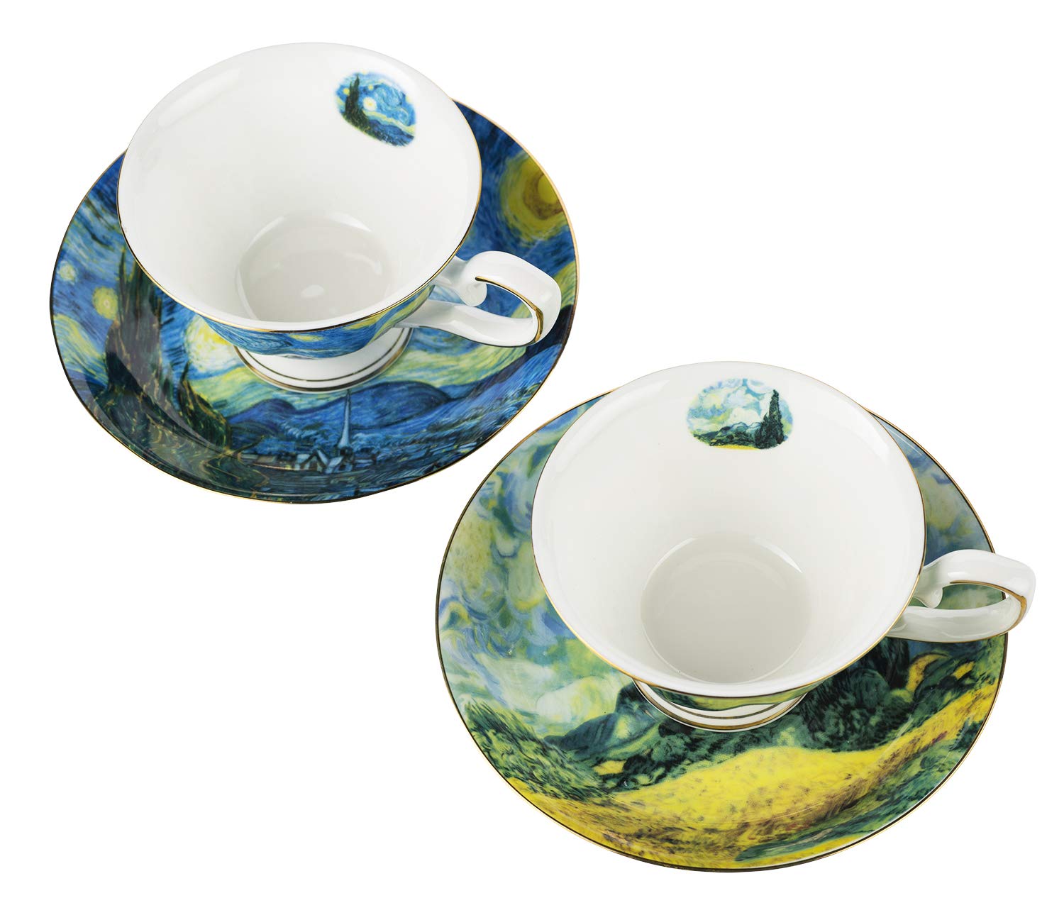 Van Gogh Bone China Coffee Cup and Saucer Set - 6-Piece 8-Oz Art Mugs with Display Rack & Gift Box - Elegant Tea & Coffee Serving Set for Home, Office, and Gifts