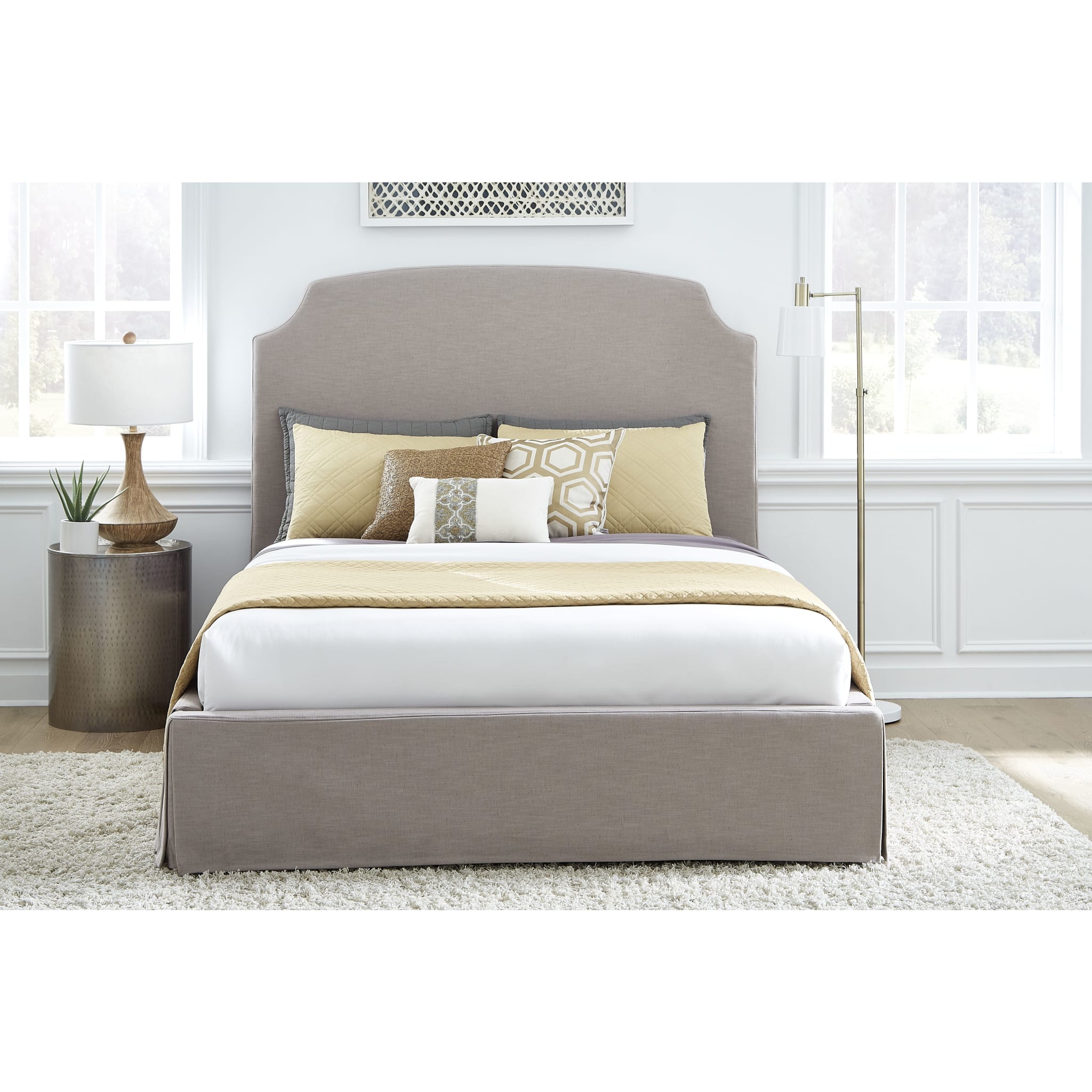Laurel Upholstered Skirted Panel Bed in Wheat - Queen Size Fabric Platform Bed Frame with Tufted Headboard - Perfect for Master Bedroom & Guest Room Decor