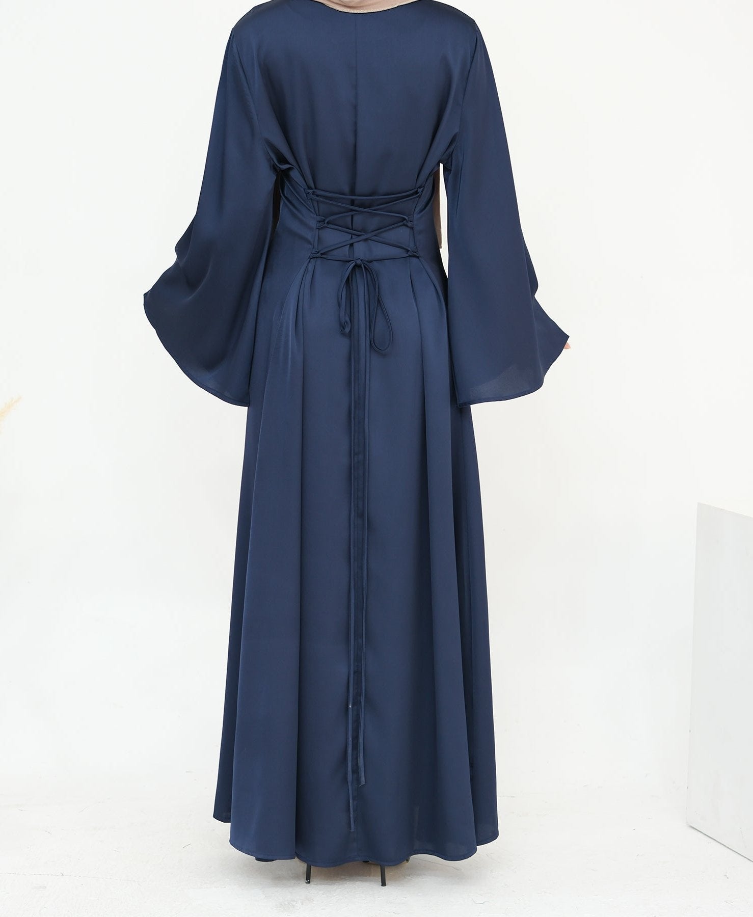 Elegant Calista Trumpet Sleeves Satin Dress in Denim Blue - Perfect for Weddings, Parties & Special Occasions