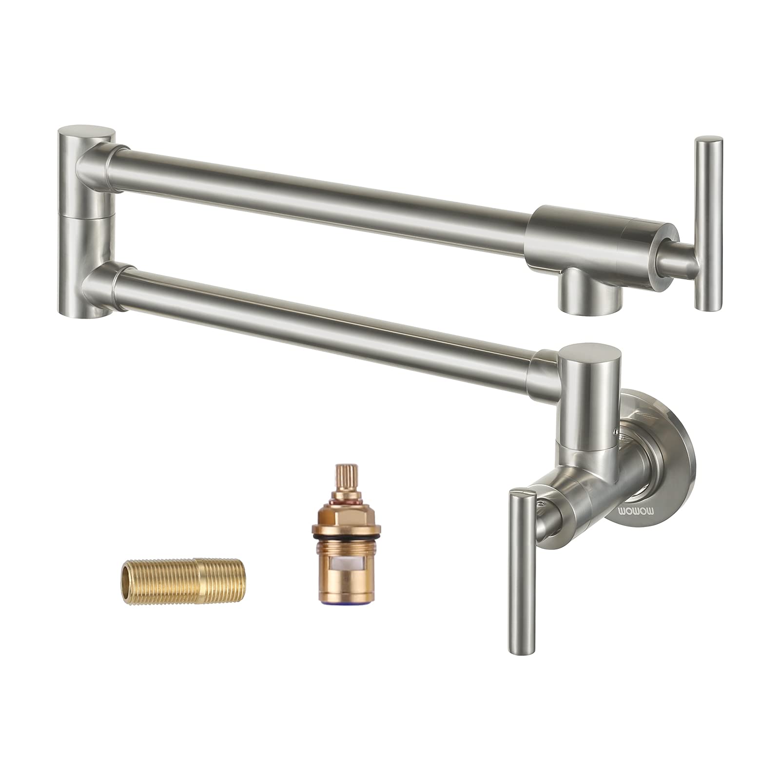 WOWOW Commercial Pot Filler Kitchen Faucet - Solid Brass Wall Mount Folding Faucet with Stretchable Double Joint Swing Arm, Single Hole 2 Handle Design in Brushed Nickel Finish - Perfect for Restaurants, Home Kitchens & High-Traffic Cooking Areas