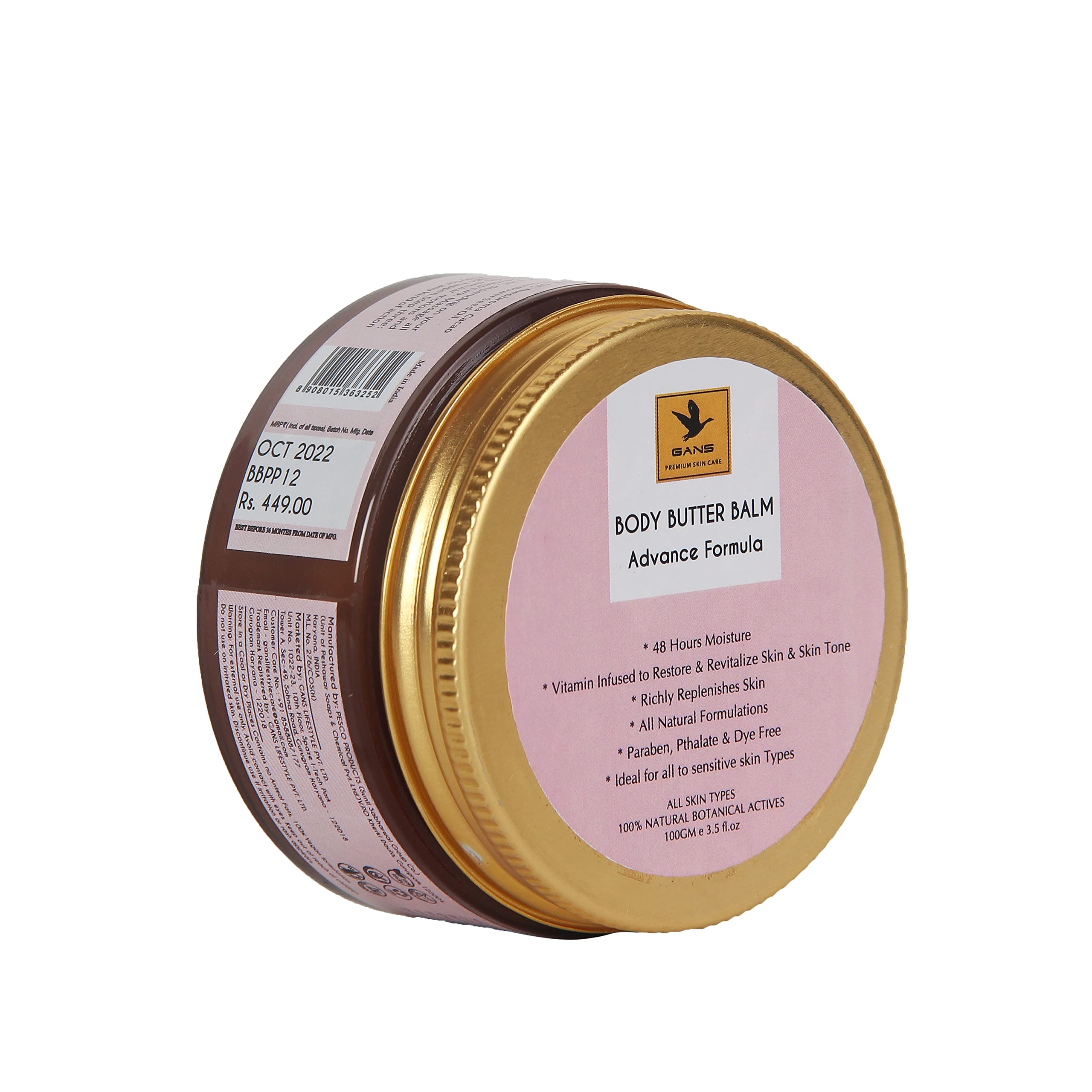 Gans Body Butter Balm - Advanced Formula 100gm | 48-Hour Deep Moisturizing Cream with Organic Beeswax, Coconut Oil, Jojoba Oil, Shea & Cocoa Butter | Stretch Mark Cream for Men & Women | Perfect for Dry Skin Care, Post-Pregnancy & Tattoo Aftercare