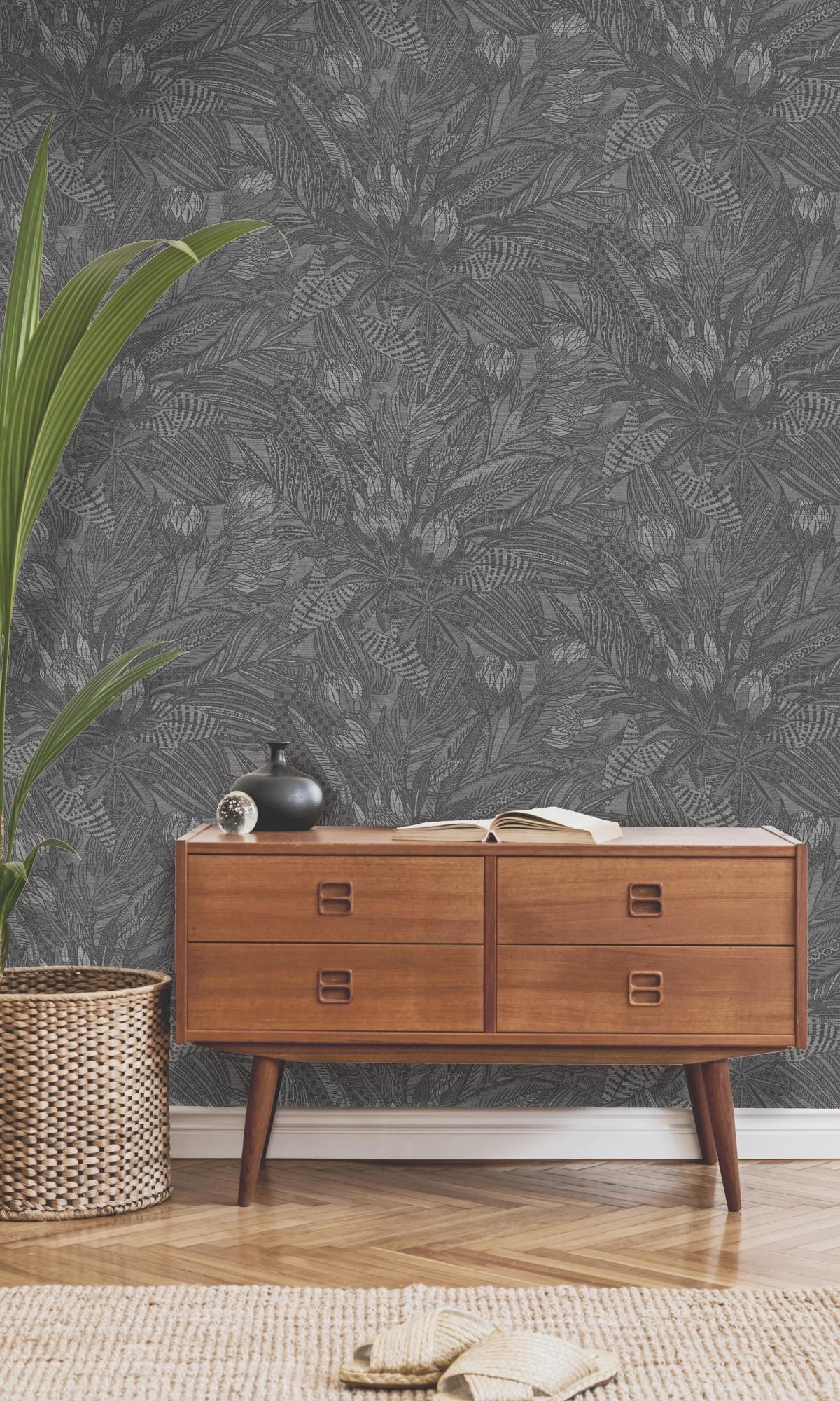 Charcoal Bold Leaves and Protea Flowers Tropical Wallpaper R7686 - Waterproof Peel & Stick Wall Mural for Bedroom, Living Room, and Office Decor