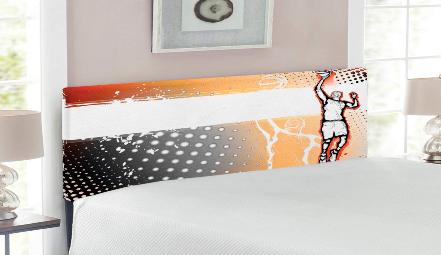 Ambesonne Basketball Headboard - Queen Size Upholstered Metal Bed Frame with Memory Foam, Doodle Style Art Featuring Basketball Player Mid-Game on Dotted Background in Orange & Black - Perfect for Sports Themed Bedrooms and Teen Boys' Room Decor