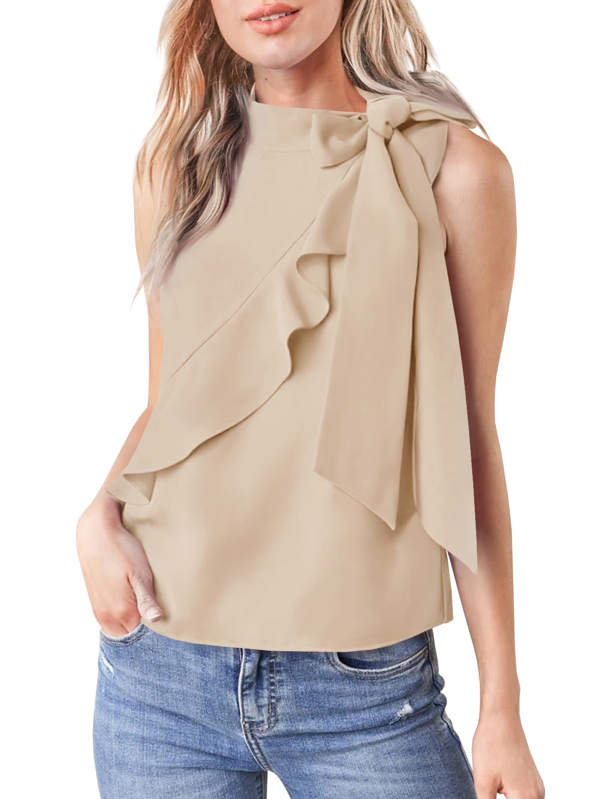 Imily Bela Women's Chiffon Sleeveless Blouse - Elegant Mock Neck Ruffled Bow Tie Top for Summer Casual & Dressy Occasions | Perfect for Office, Date Night & Outdoor Events