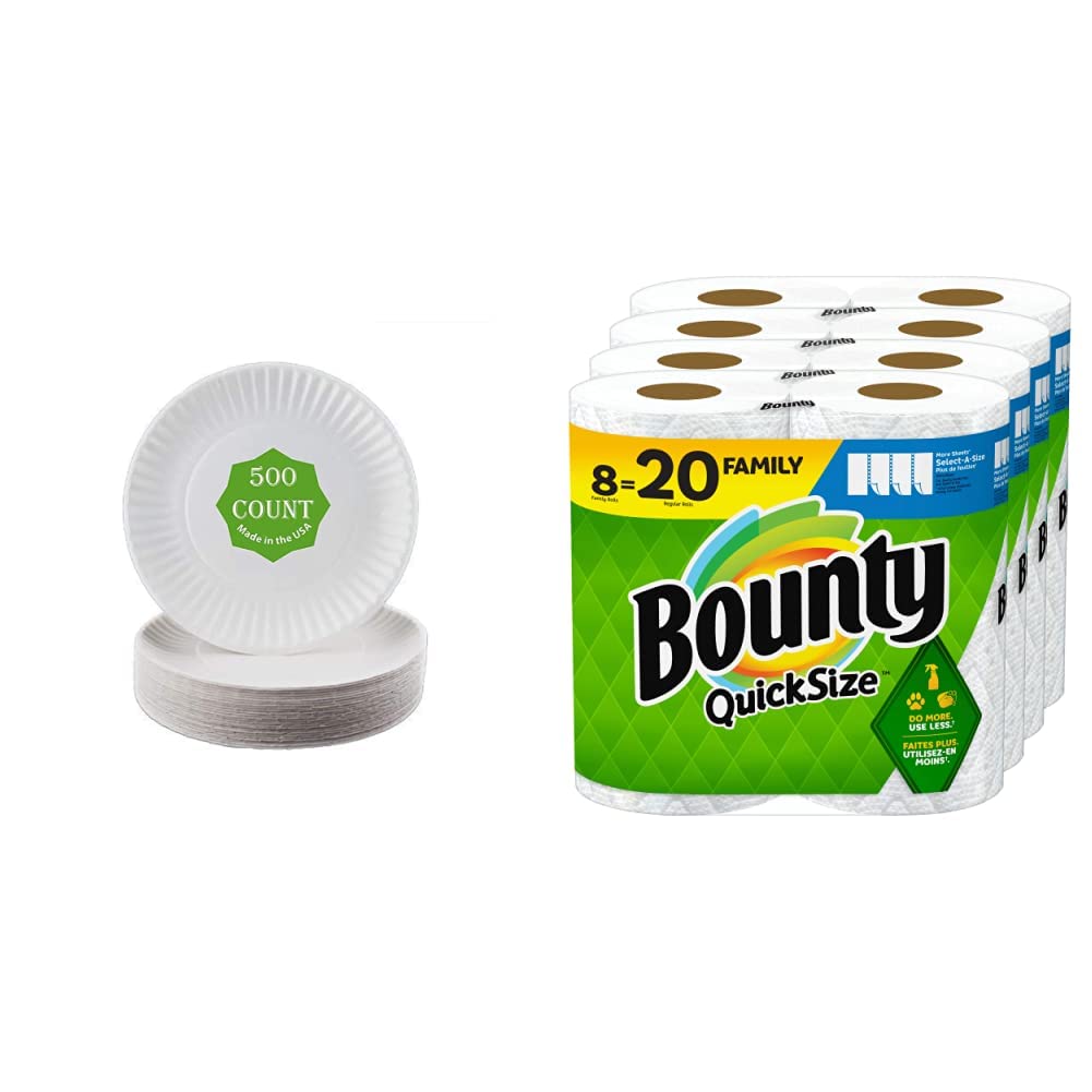 Premium 9-Inch White Paper Plates (Pack of 500) & Bounty Quick-Size Paper Towels - 8 Family Rolls (20 Regular Rolls) - Ideal for Parties, BBQs, and Everyday Kitchen Use