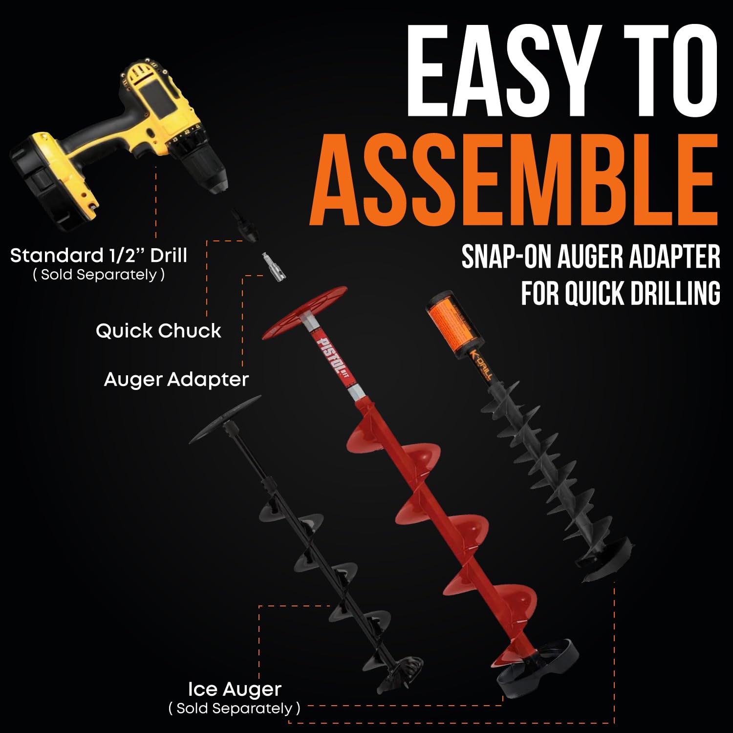 EZ Ice Auger Drill Adapter - Quick Connect for Pistol Bit/K-Drill/Lite-Flite - Electric & Cordless Drill Attachment - Ice Fishing Auger Kit for Easy Hole Drilling - Perfect for Winter Fishing & Outdoor Adventures