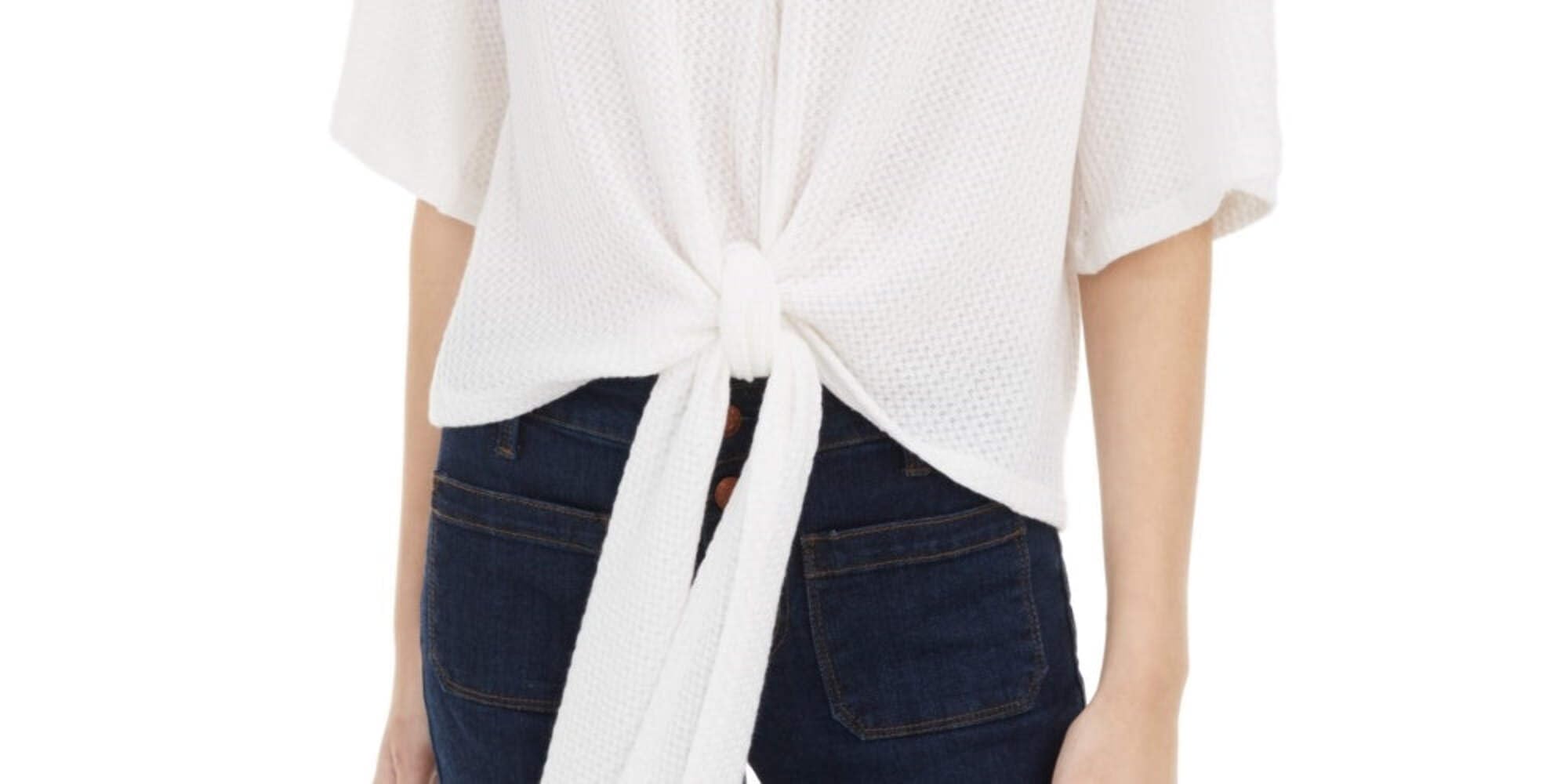 Polly & Esther Junior's Tie Front Waffle Knit Top - Women's Casual White Blouse, X-Small | Perfect for School, Dating & Everyday Wear
