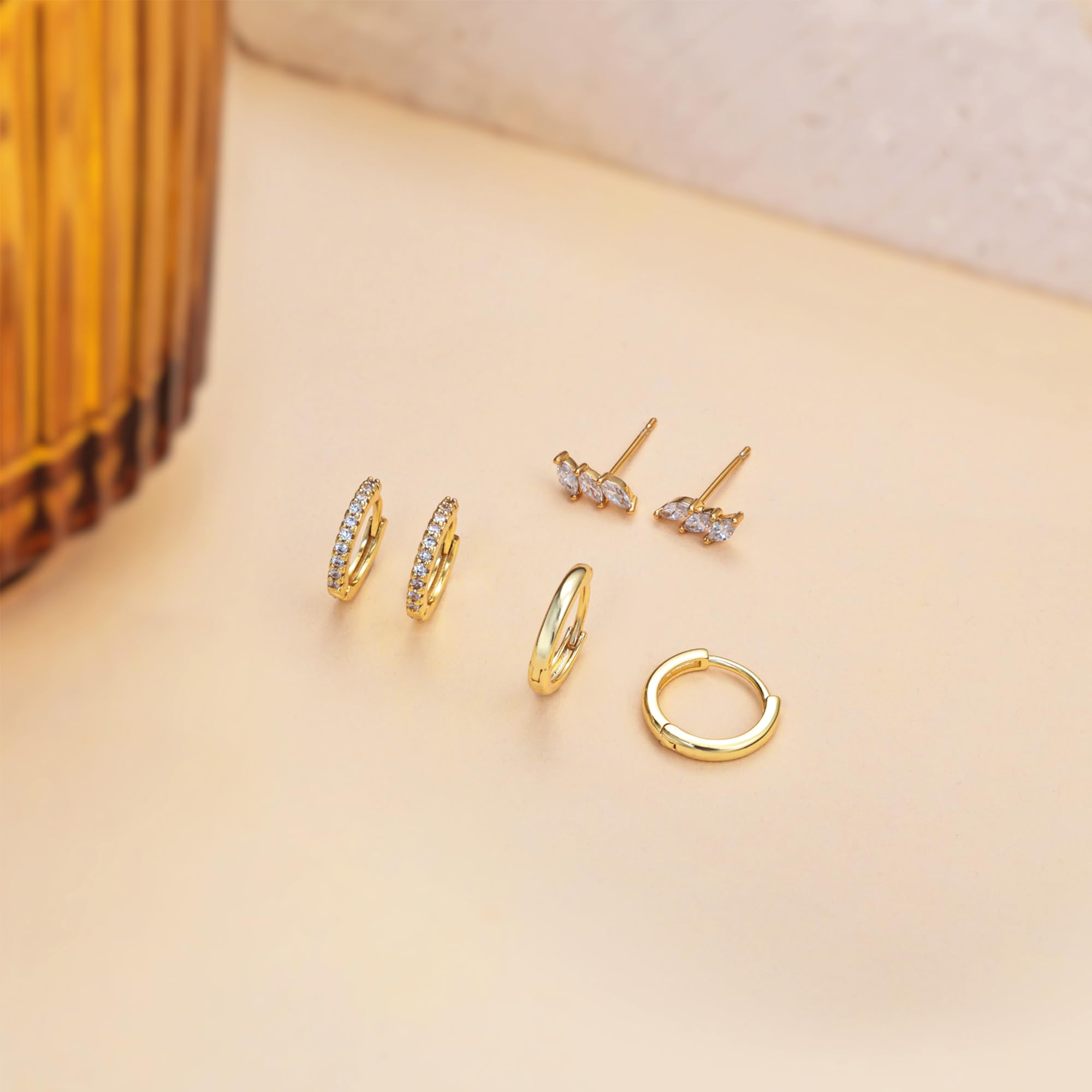3 Pairs 14K Gold Plated Hoop Earrings for Women - Dainty Stud, Dangle & Huggie Cartilage Earrings Set | Hypoallergenic, Trendy & Elegant Jewelry Gift | Perfect for Everyday Wear, Parties & Special Occasions