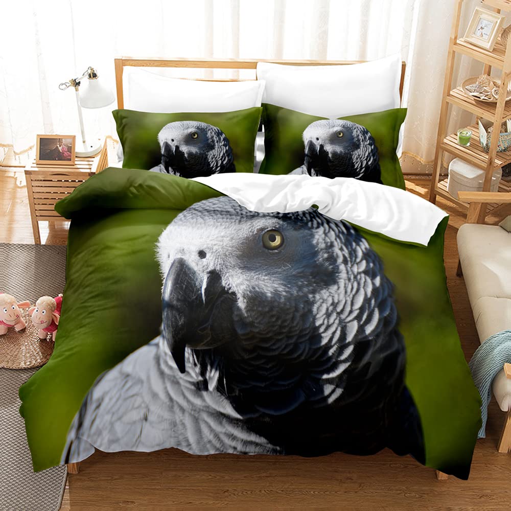 3D Grey Parrot Duvet Cover Set - Twin Size Bedding with Pillowcase (Comforter Not Included) | Tropical Bird Themed Bedroom Decor for Kids & Teens