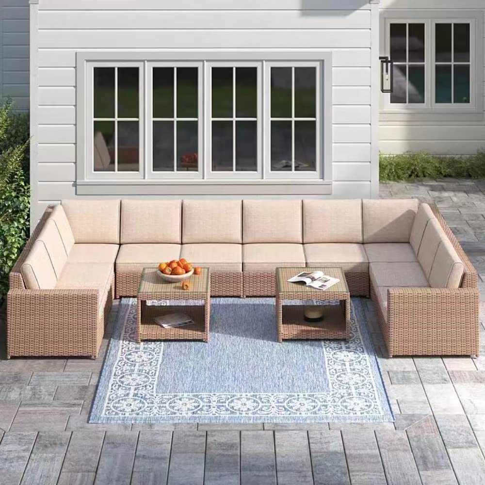 DIMAR GARDEN Outdoor Coffee Table - Wicker Rattan Patio Side Table with Storage & Tempered Glass Top - Modern Luxury Furniture for Garden, Balcony, Poolside - Light Brown