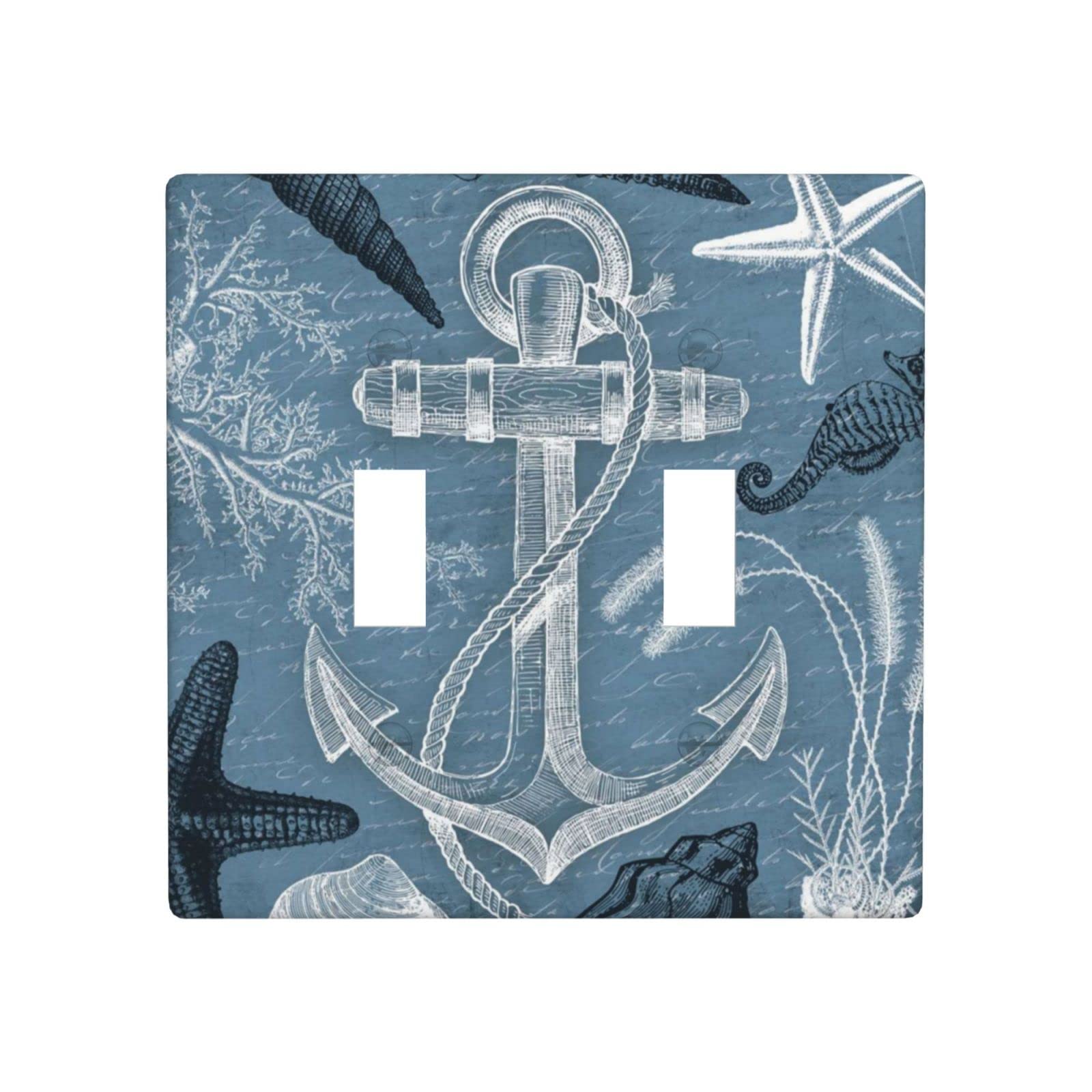 Nautical Anchor Double Toggle Light Switch Cover - Blue 2 Gang Decorative Wall Plate, Standard Size Outlet Cover for Kitchen, Bathroom & Living Room | Coastal Home Decor Accessory