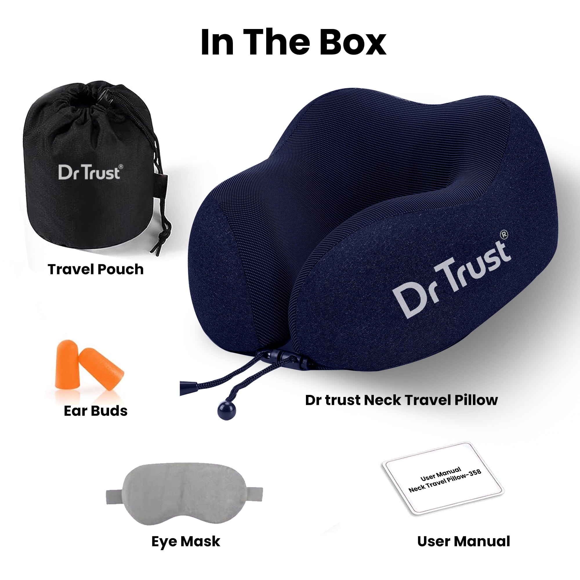 Dr Trust USA Orthopedic Memory Foam Travel Neck Pillow for Adults - Cervical Pain Relief Airplane Head Rest Support Cushion - Perfect for Long Flights, Road Trips & Office Comfort