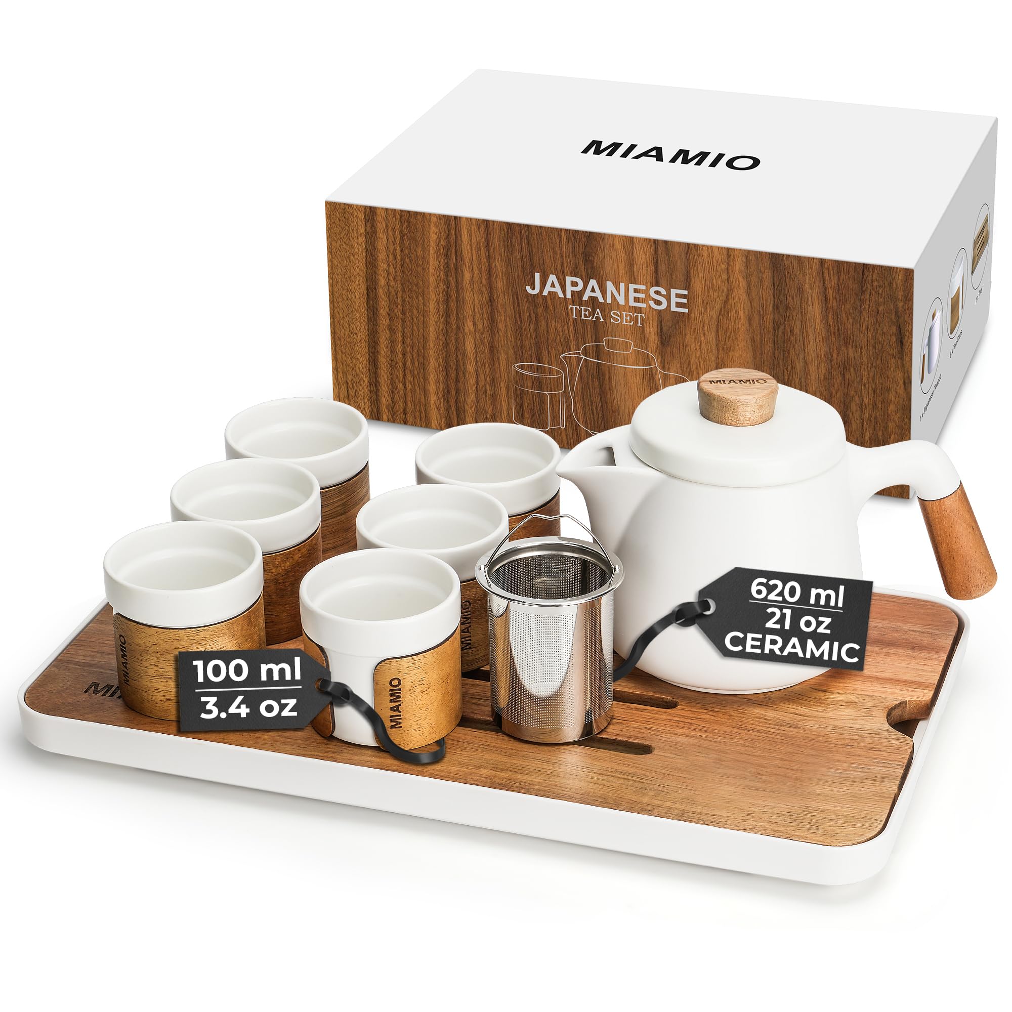 Premium Japanese Tea Set - 6 Traditional Tea Cups (3.4oz) & 21oz Porcelain Teapot with Infuser - Authentic Asian Tea Ceremony Gift for Tea Lovers (White) - Perfect for Home Tea Parties, Zen Meditation & Japanese Cultural Events
